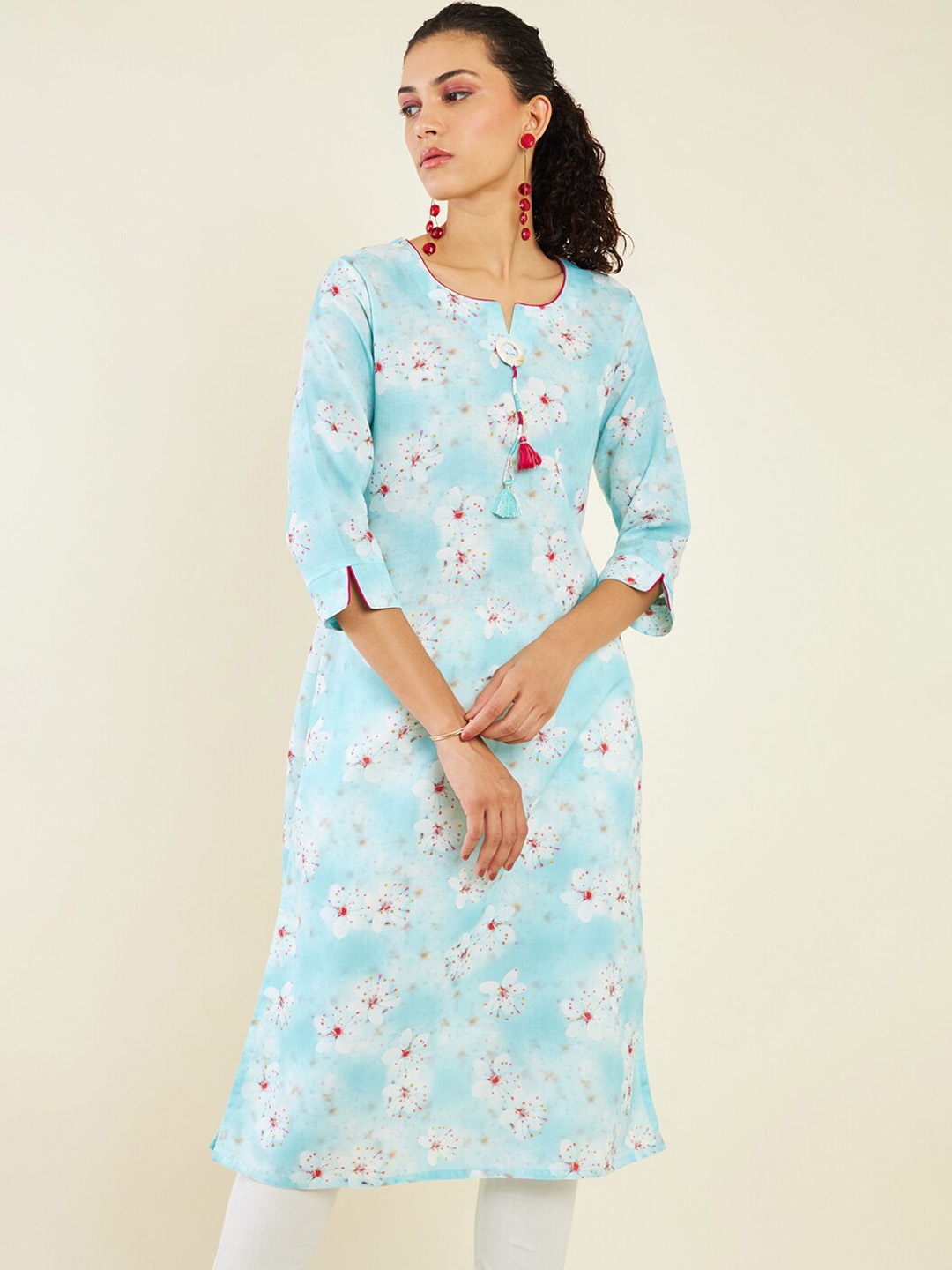 

Soch Floral Printed Notch Neck Thread Work Straight Linen Kurta, Turquoise blue