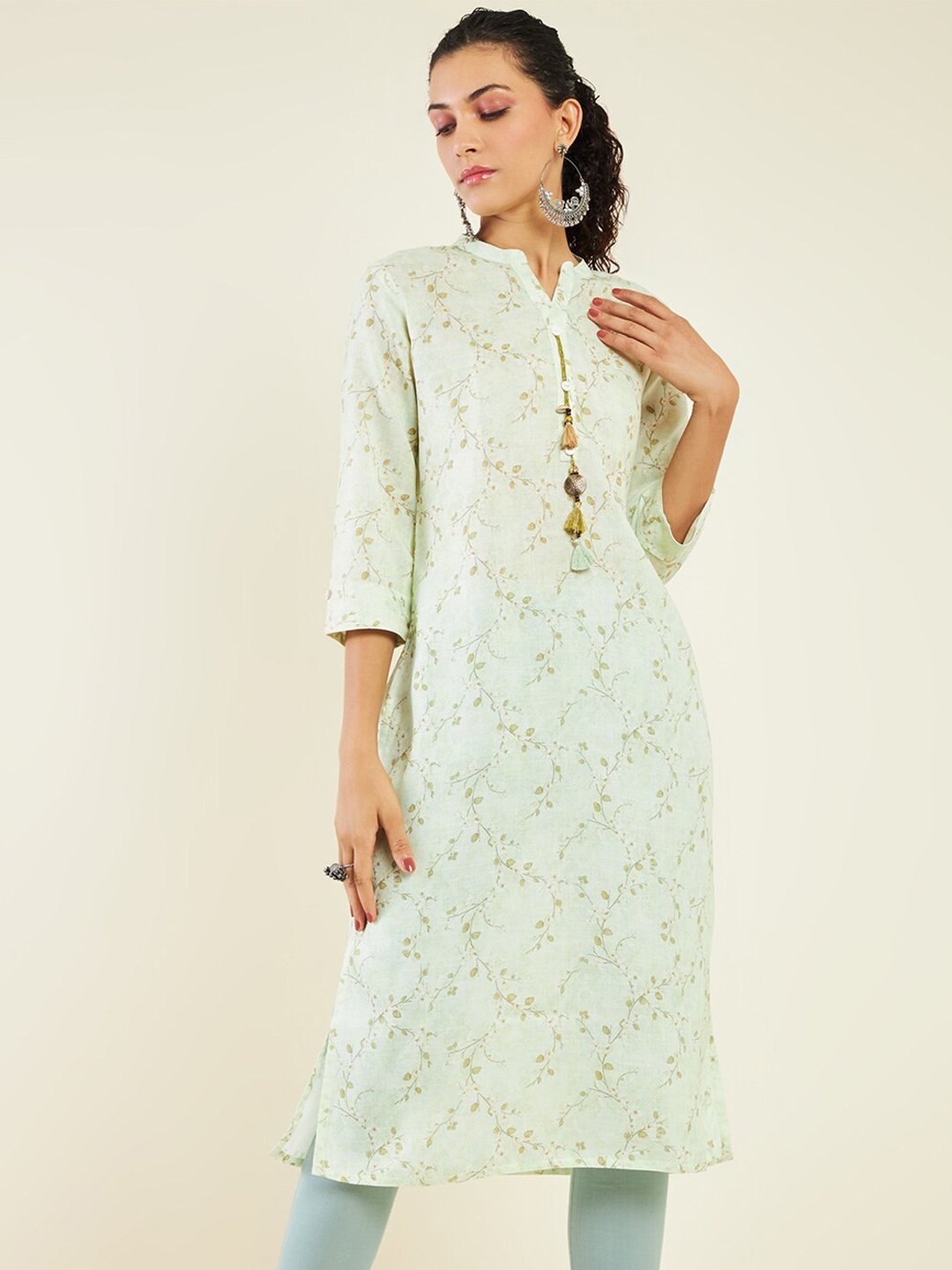 

Soch Floral Printed Straight Linen Kurta, Sea green