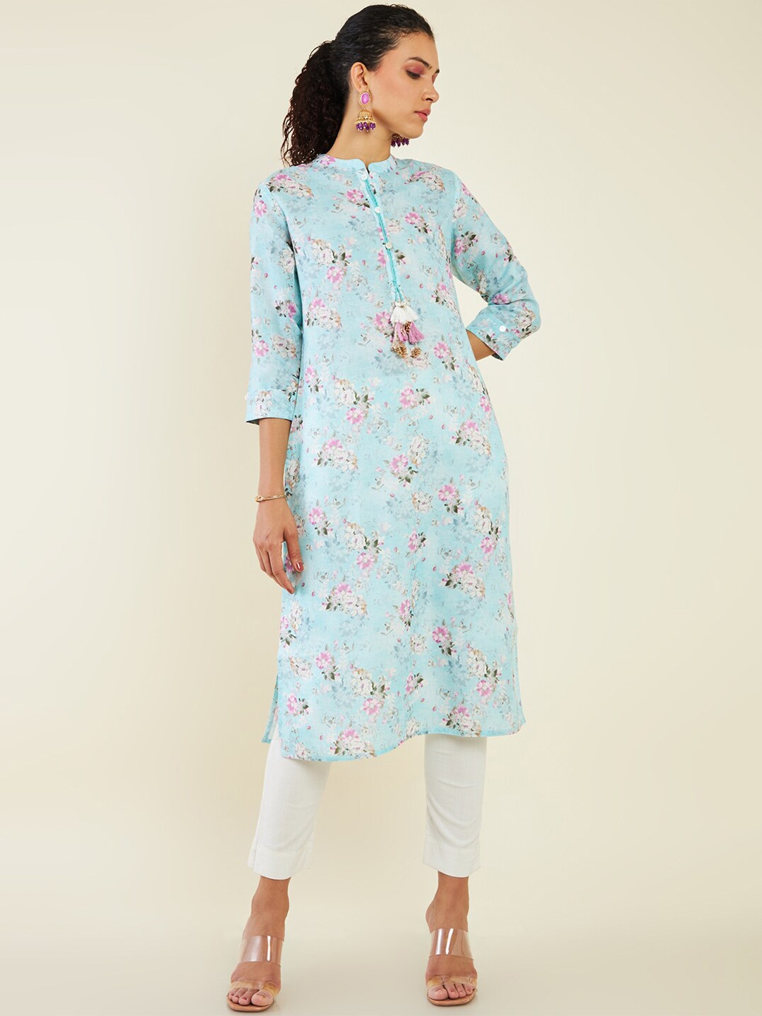 

Soch Floral Printed Straight Linen Kurta, Blue