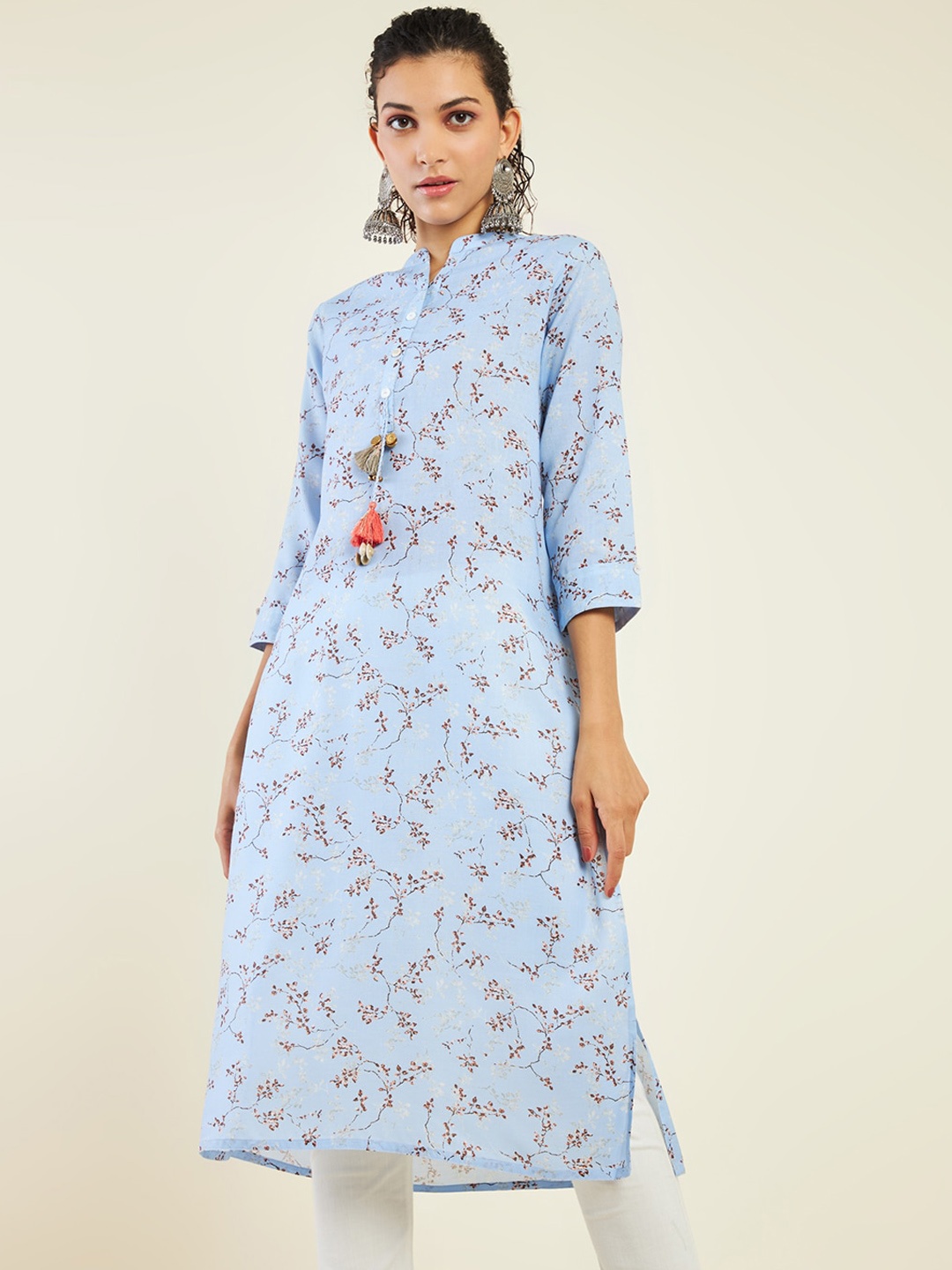 

Soch Mandarin Collar Floral Printed Straight Linen Kurta, Blue