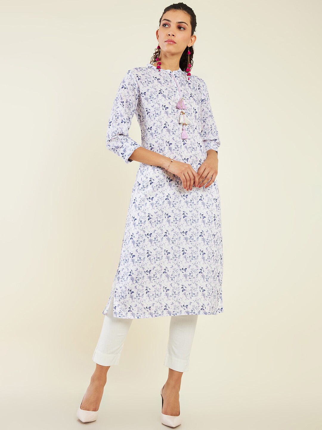 Soch Mandarin Collar Floral Printed Straight Linen Kurta, White