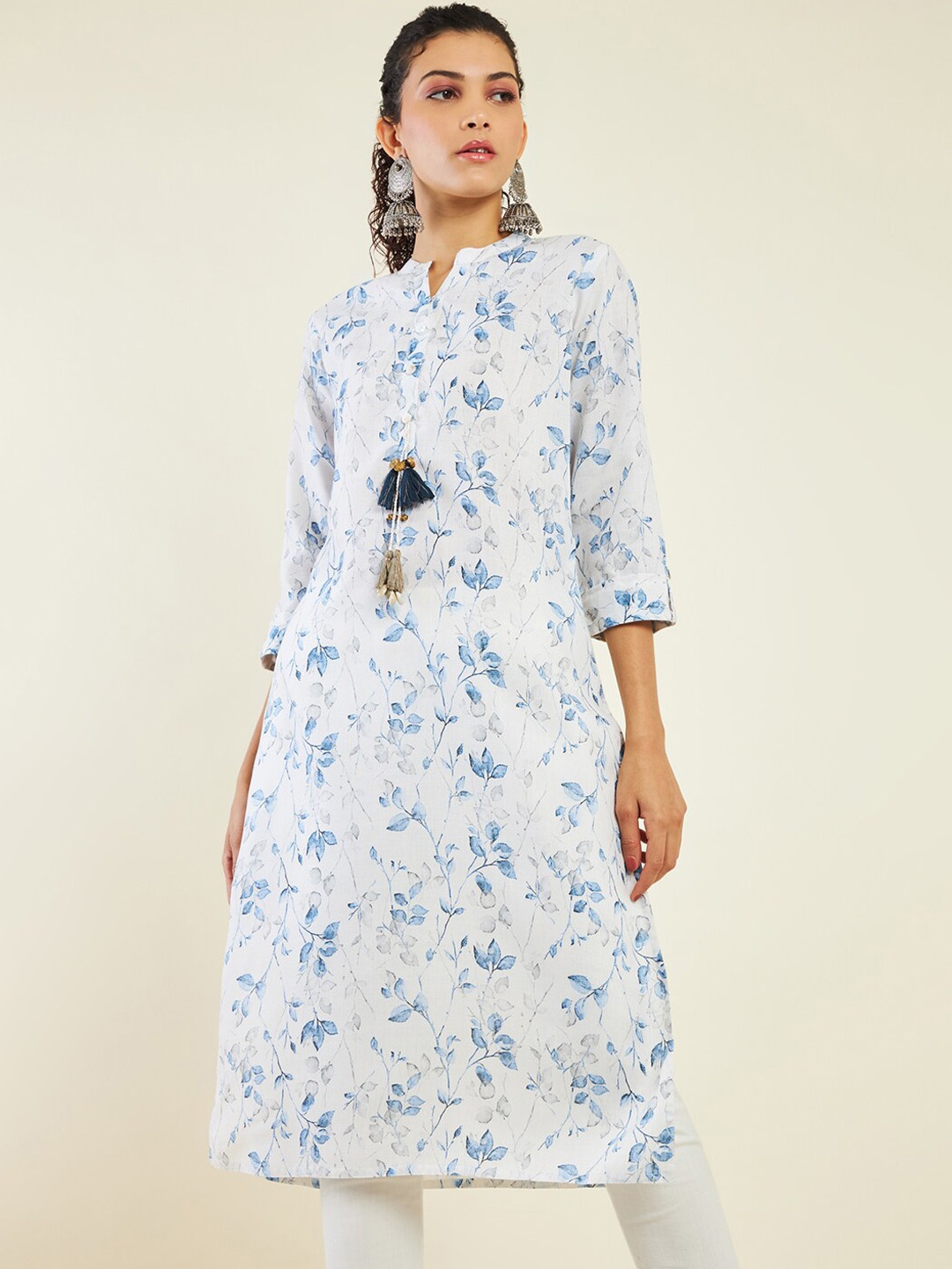 

Soch Floral Printed Band Collar Roll Up Sleeves Straight Kurta, Off white
