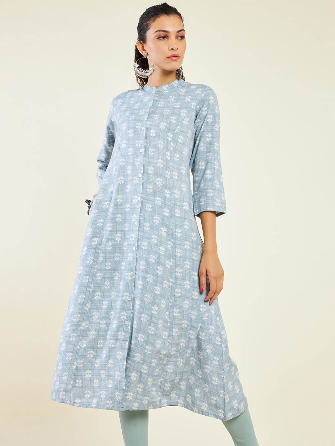 

Soch Ethnic Motif Printed Band Collar A-Line Kurta, Blue