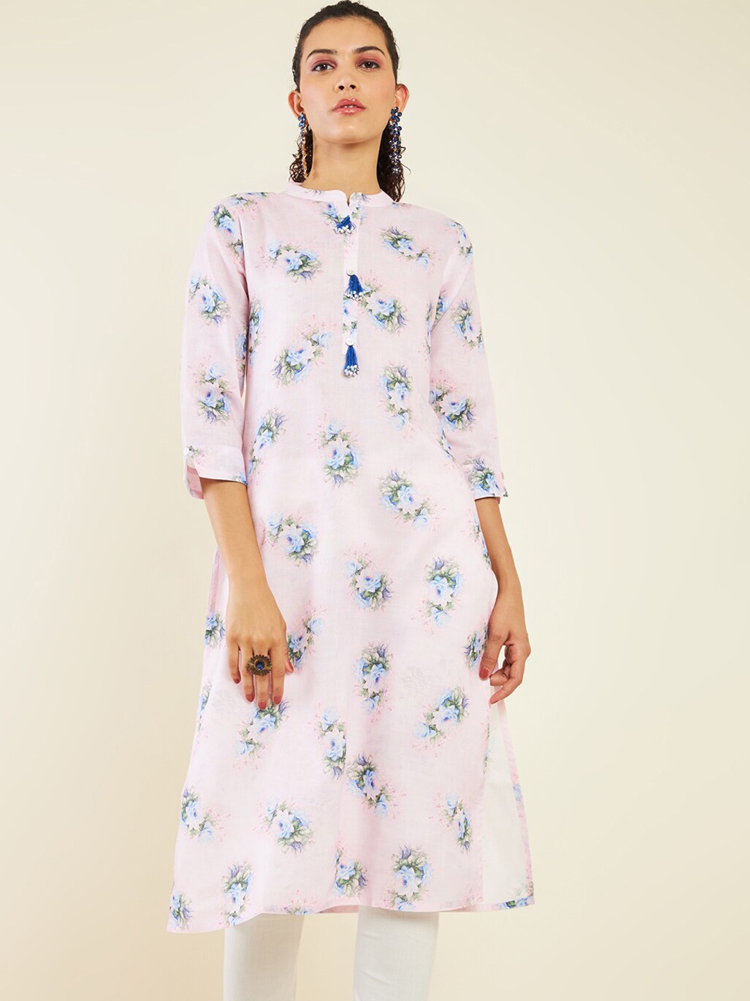

Soch Band Collar Floral Printed Straight Linen Kurta, Pink