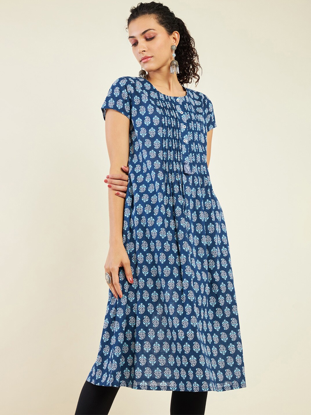 

Soch Ethnic Motifs Printed Pleated A-Line Cotton Kurta, Blue