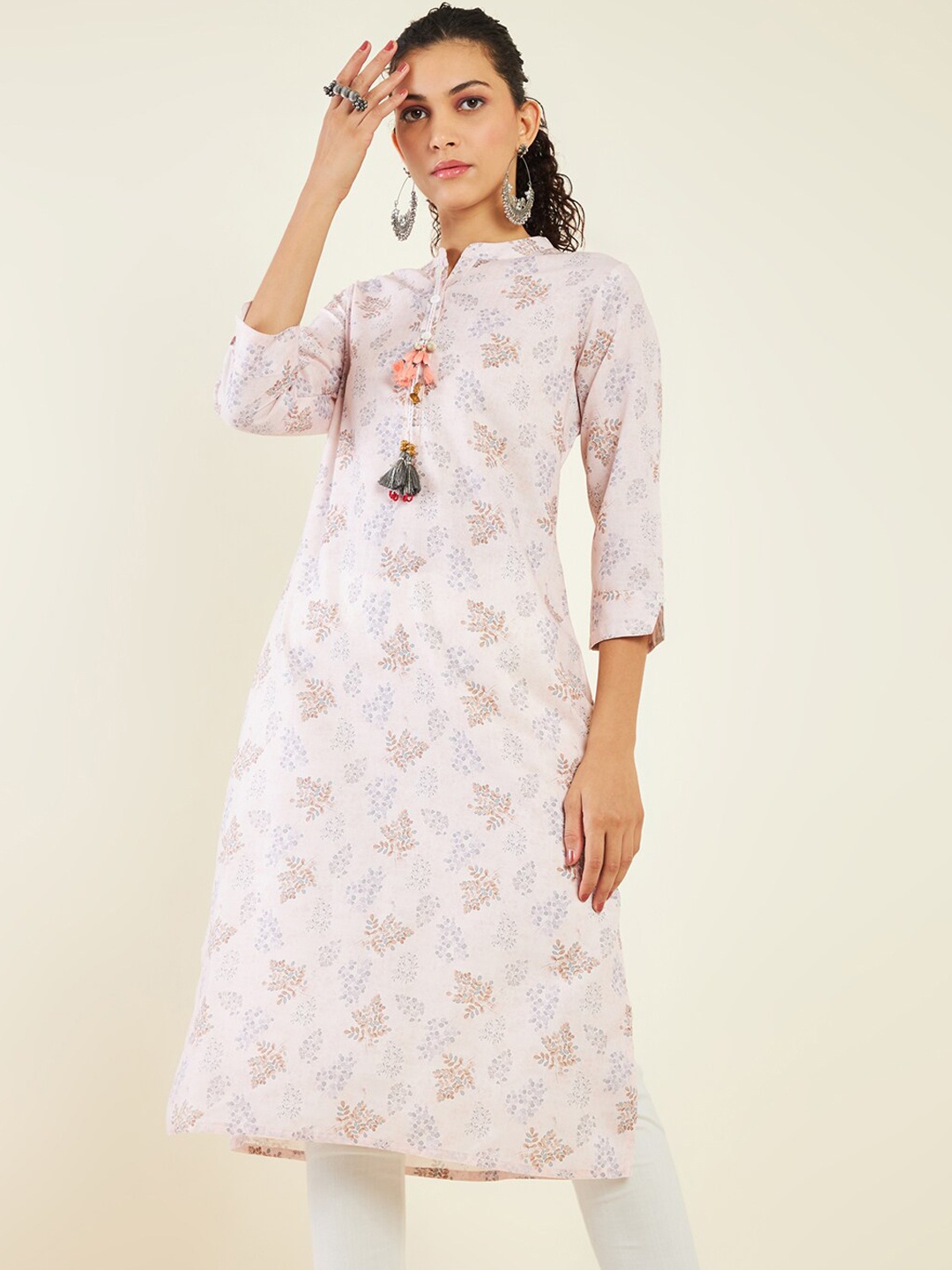 

Soch Floral Printed Mandarin Collar Straight Kurta, Peach