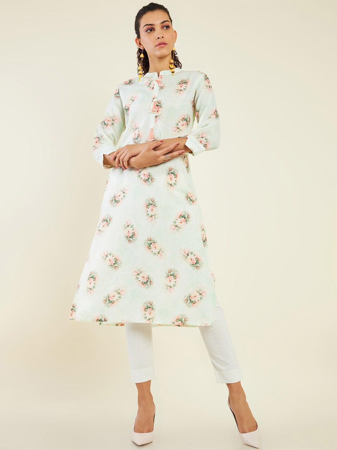 

Soch Floral Printed Thread Work A-Line Linen Kurta, Green