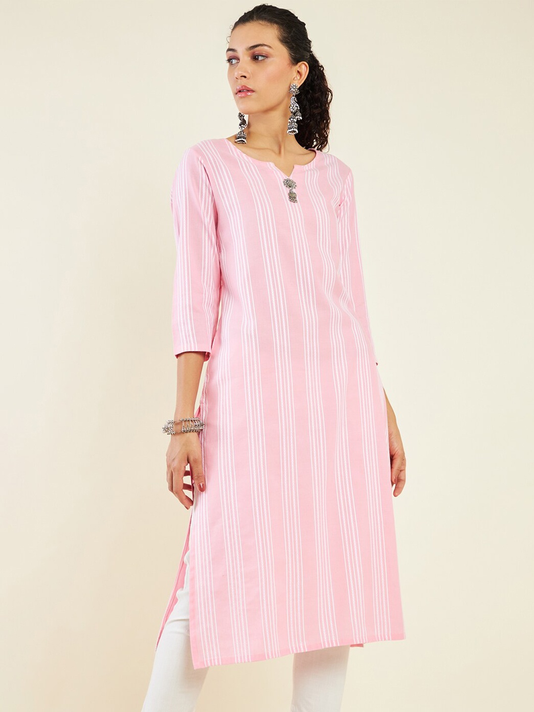 

Soch Striped Notch Neck Cotton Straight Kurta, Pink