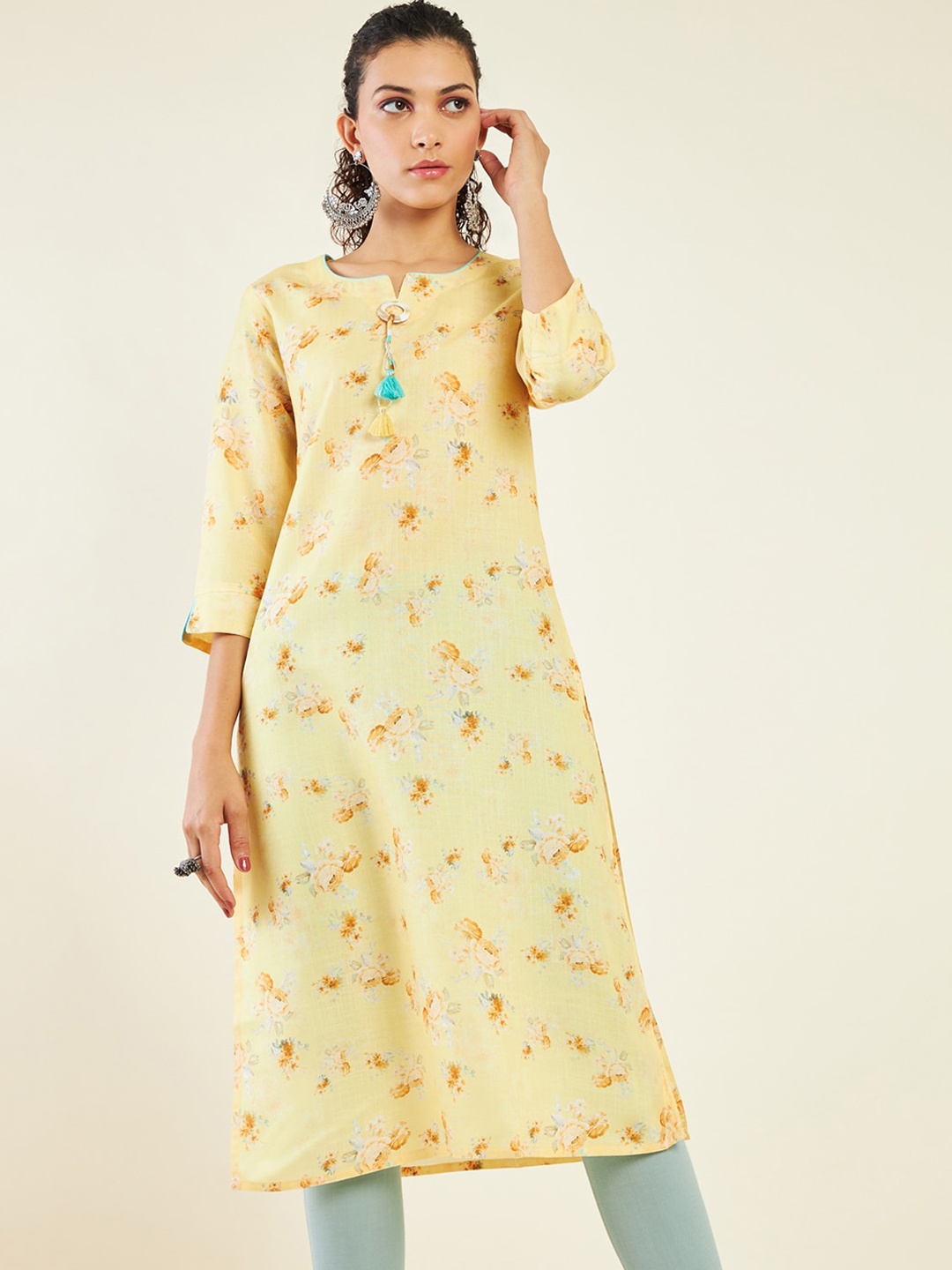 

Soch Notched Neck Floral Printed Straight Linen Kurta, Mustard