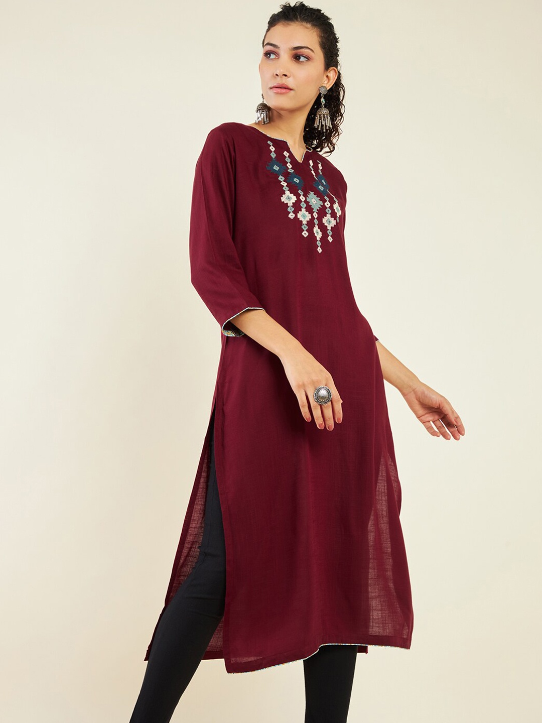 

Soch Notched Neck Ethnic Motifs Embroidered Straight Kurta, Maroon