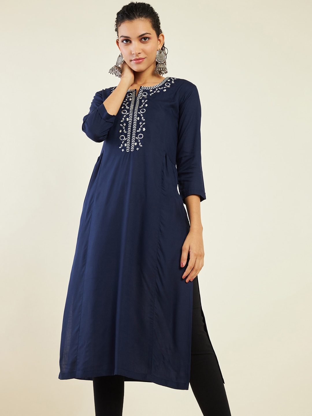 

Soch Floral Embroidered Pleated A-Line Kurta, Navy blue