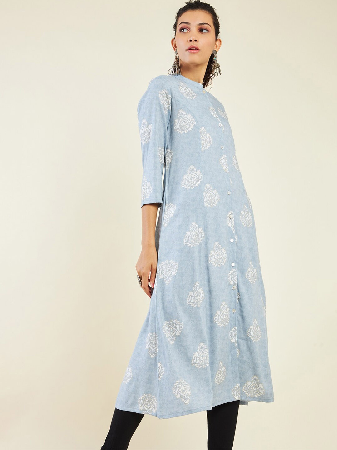 

Soch Ethnic Motifs Printed Band Collar A-Line Kurta, Blue