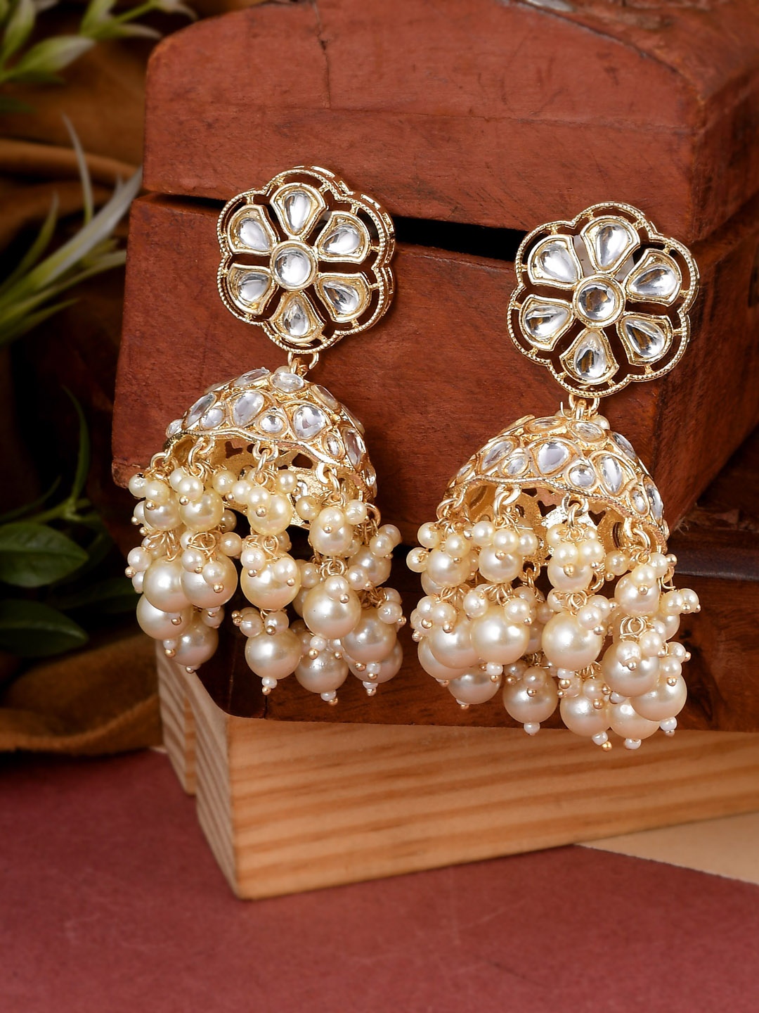

AQUASTREET JEWELS Gold-Plated Dome Shaped Jhumkas Earrings, White