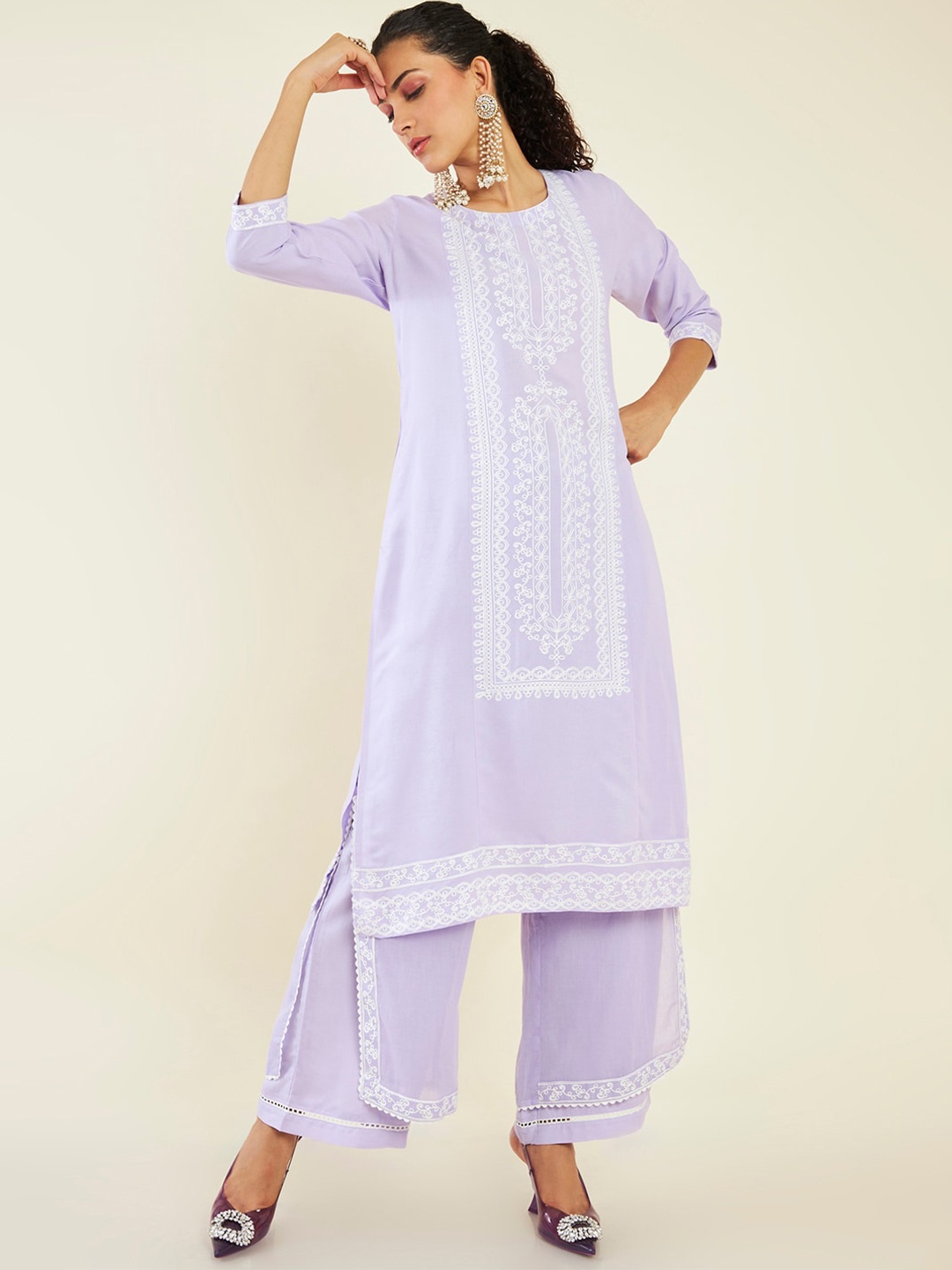 

Soch Ethnic Motifs Embroidered Thread Work Kurta with Palazzos, Lavender