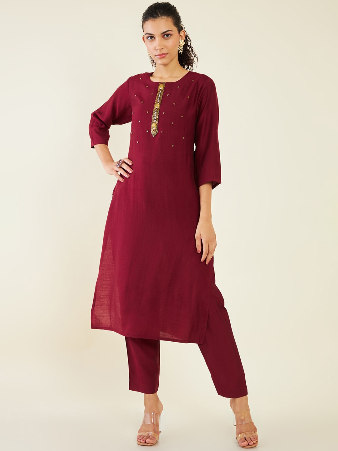 

Soch Floral Embroidered Beads and Stones Kurta with Trousers, Maroon