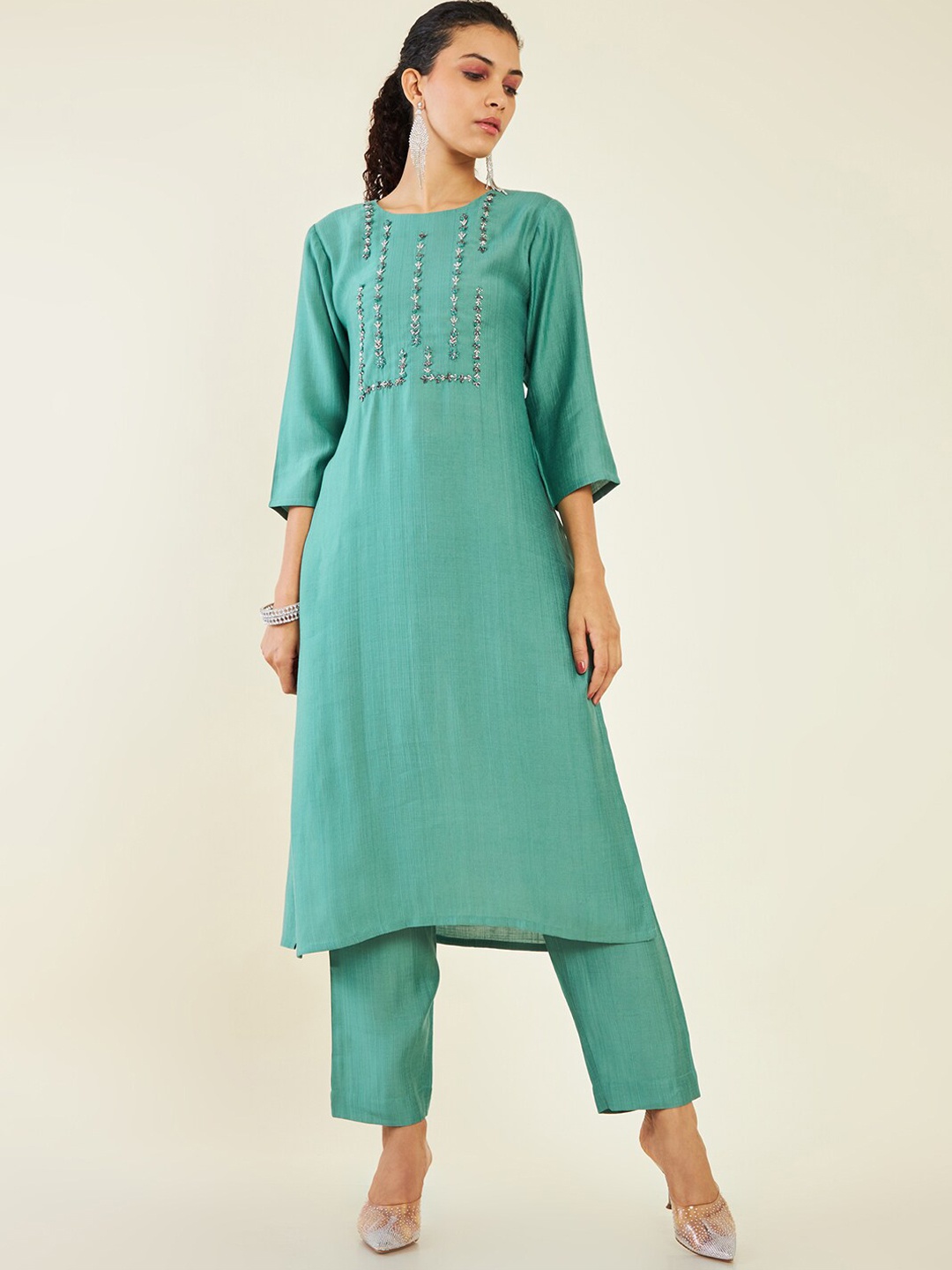 

Soch Floral Embroidered Beads & Stones Straight Kurta with Trousers, Sea green