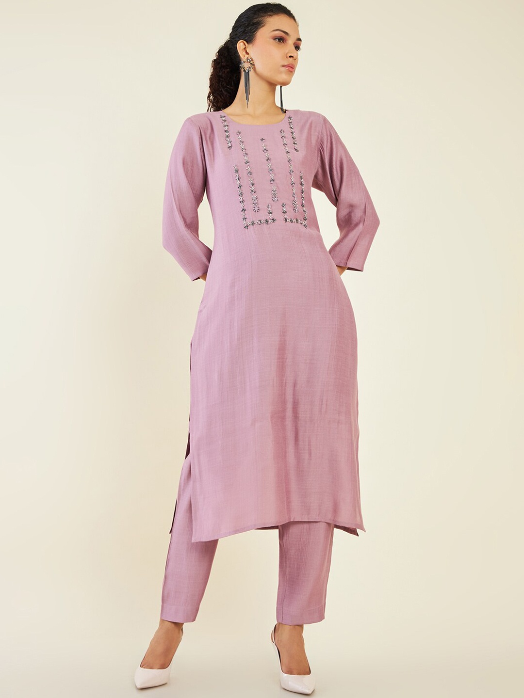 

Soch Floral Embroidered Beads & Stones Kurta With Trousers, Purple