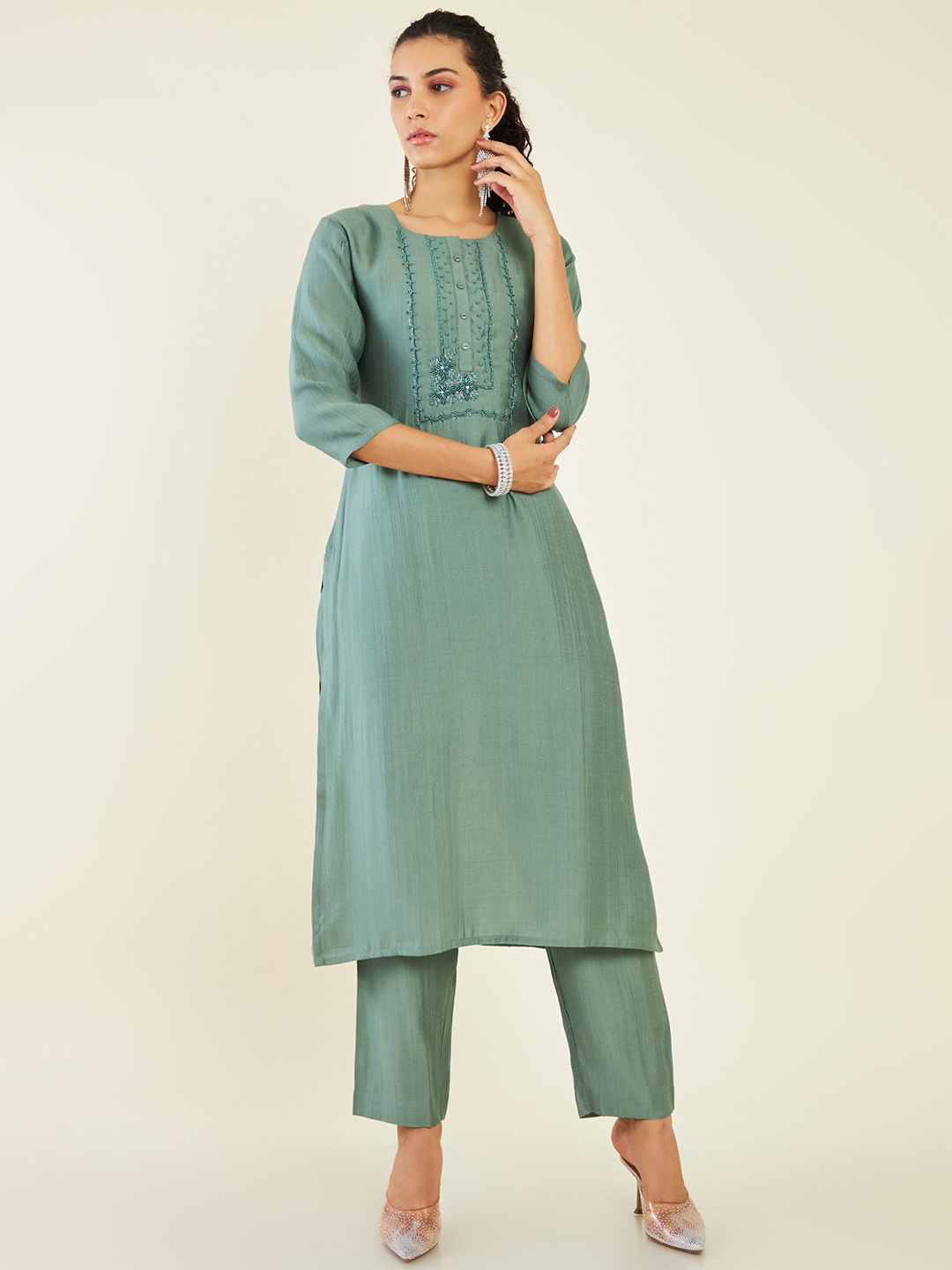 

Soch Floral Embroidered Beads and Stones Kurta With Trousers, Green