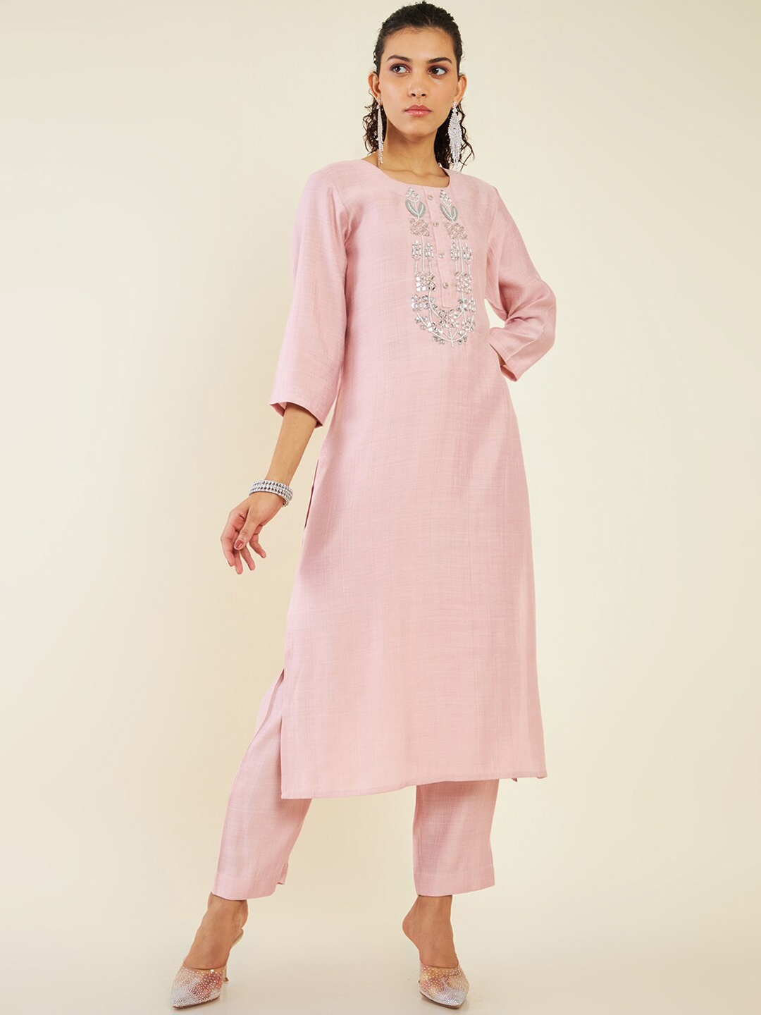 

Soch Floral Embroidered Mirror Work Kurta With Trousers, Pink