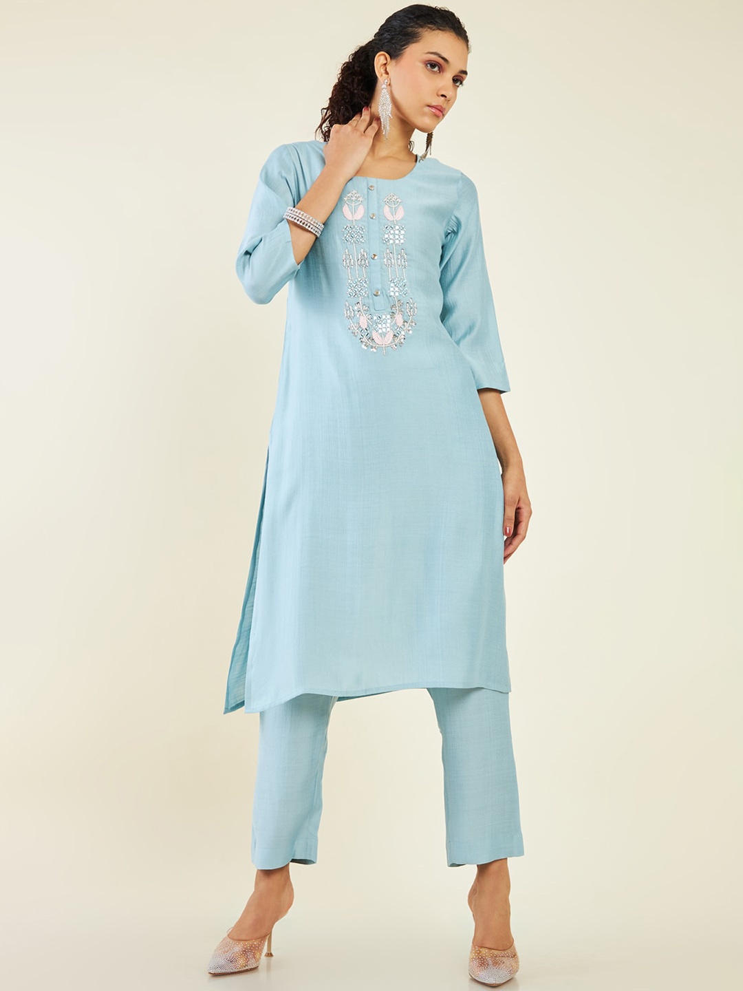 

Soch Floral Embroidered Mirror Work Kurta With Trousers, Blue