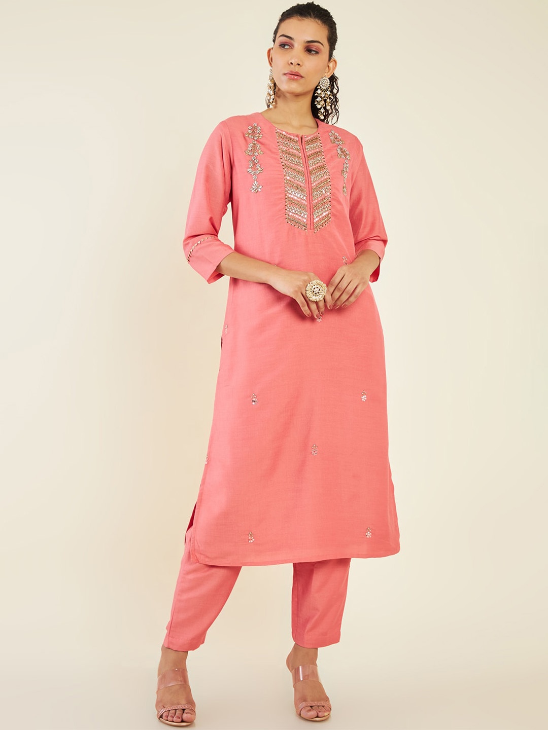 

Soch Floral Embroidered Beads and Stones Kurta with Trousers, Peach