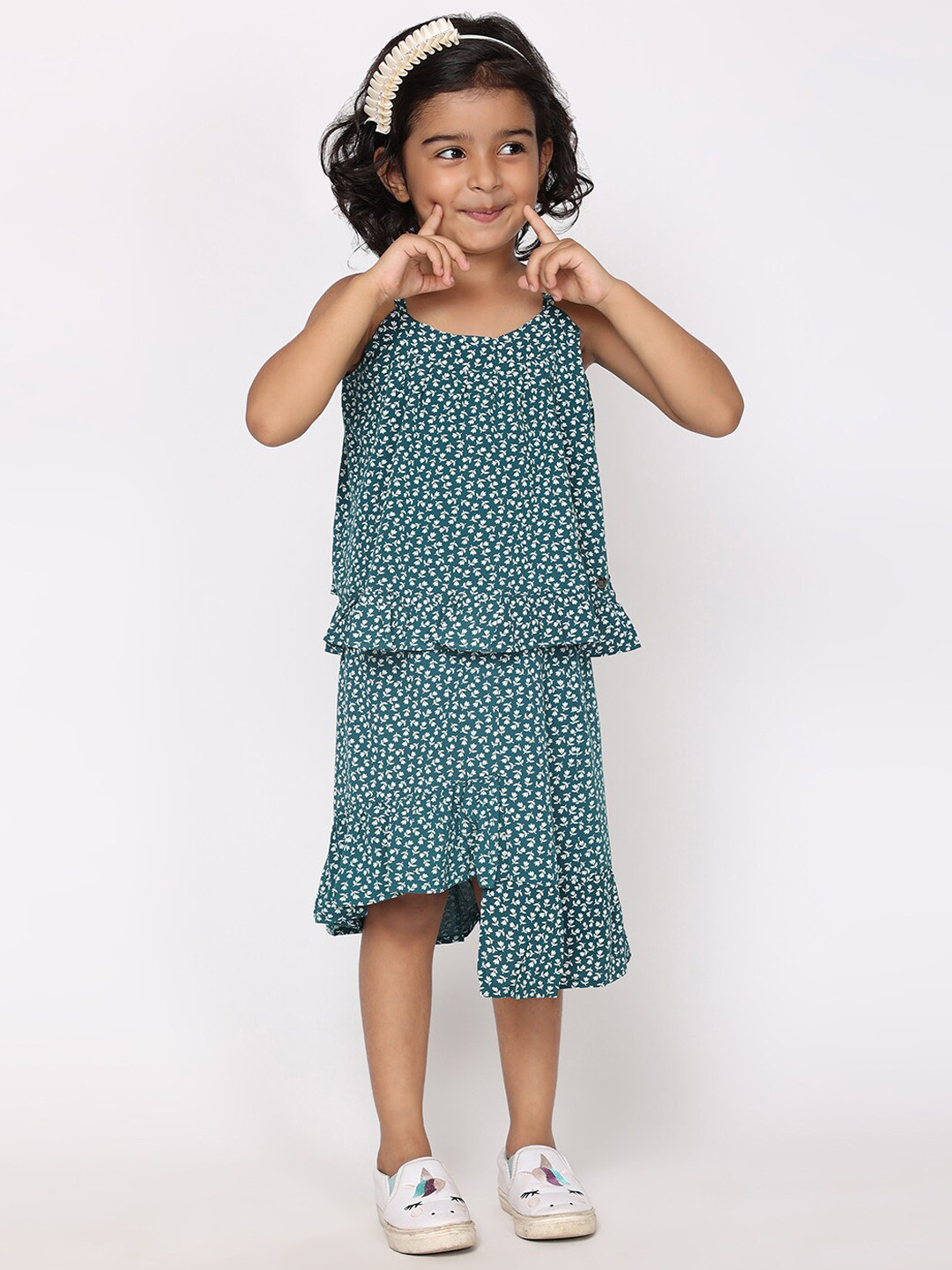 

White Dahlia Girls Printed Pure Cotton Ruffle Top with Skirt, Green