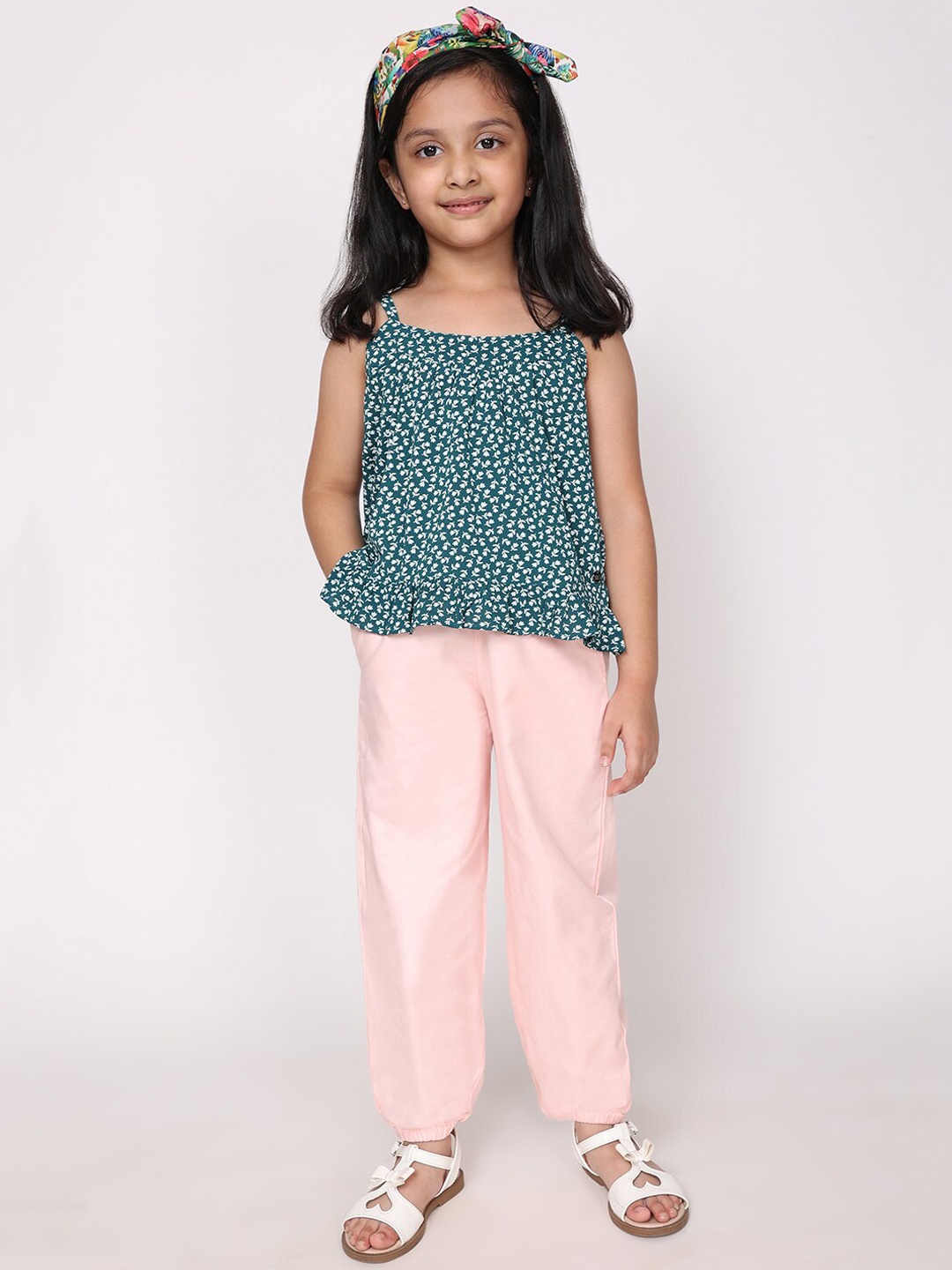 

White Dahlia Girls Printed Pure Cotton Top with Trousers, Green