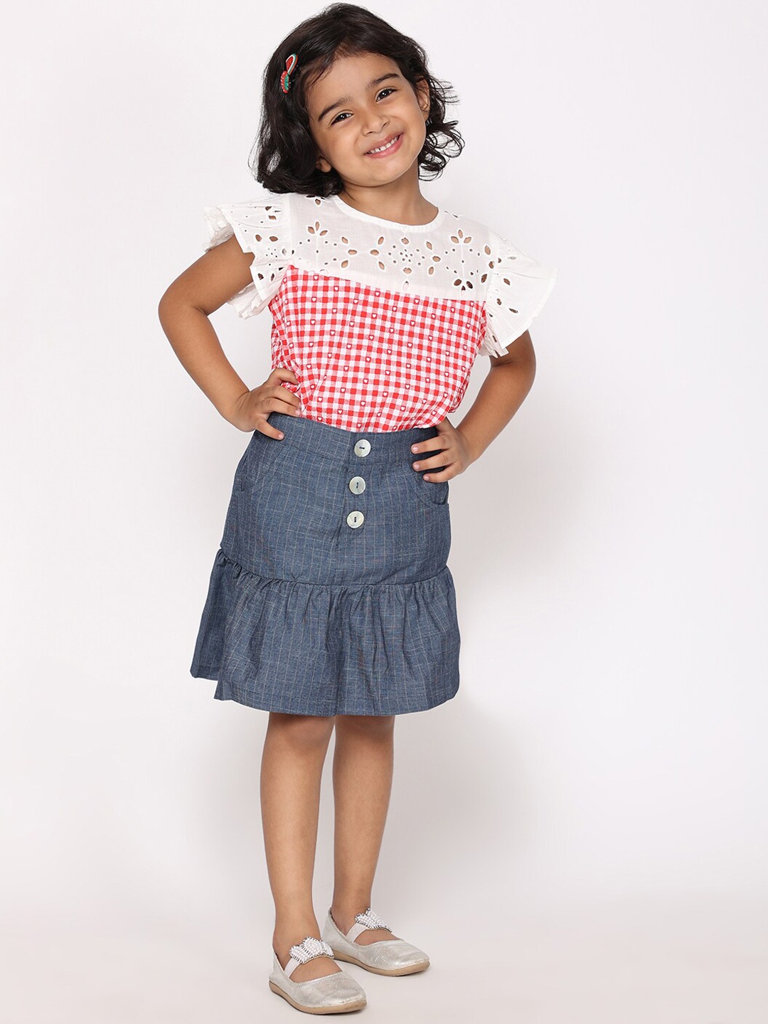 

White Dahlia Girls Checked Pure Cotton Top with Skirt, Red