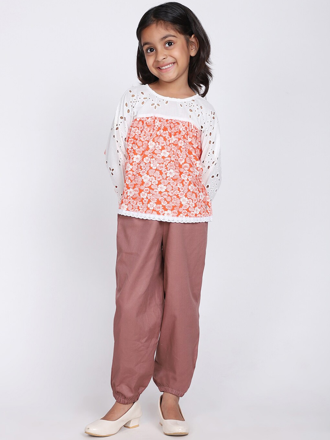 

White Dahlia Girls Printed Pure Cotton Top with Trousers, Orange