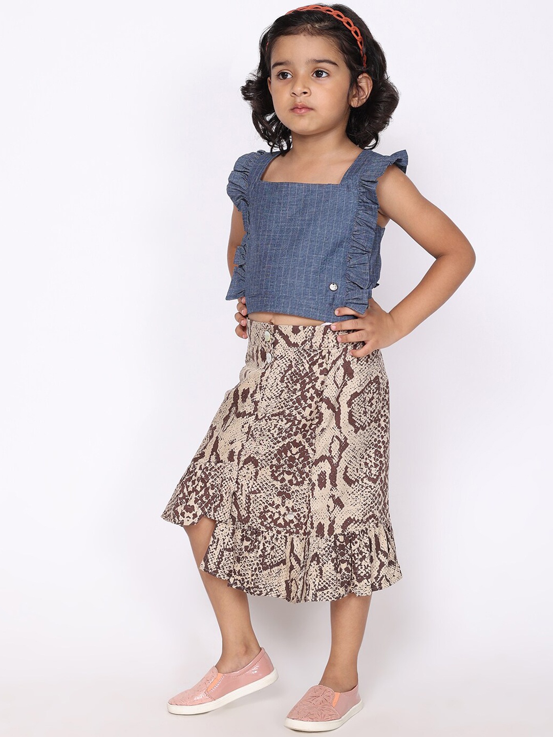 

White Dahlia Girls Pure Cotton Top with Skirt, Blue