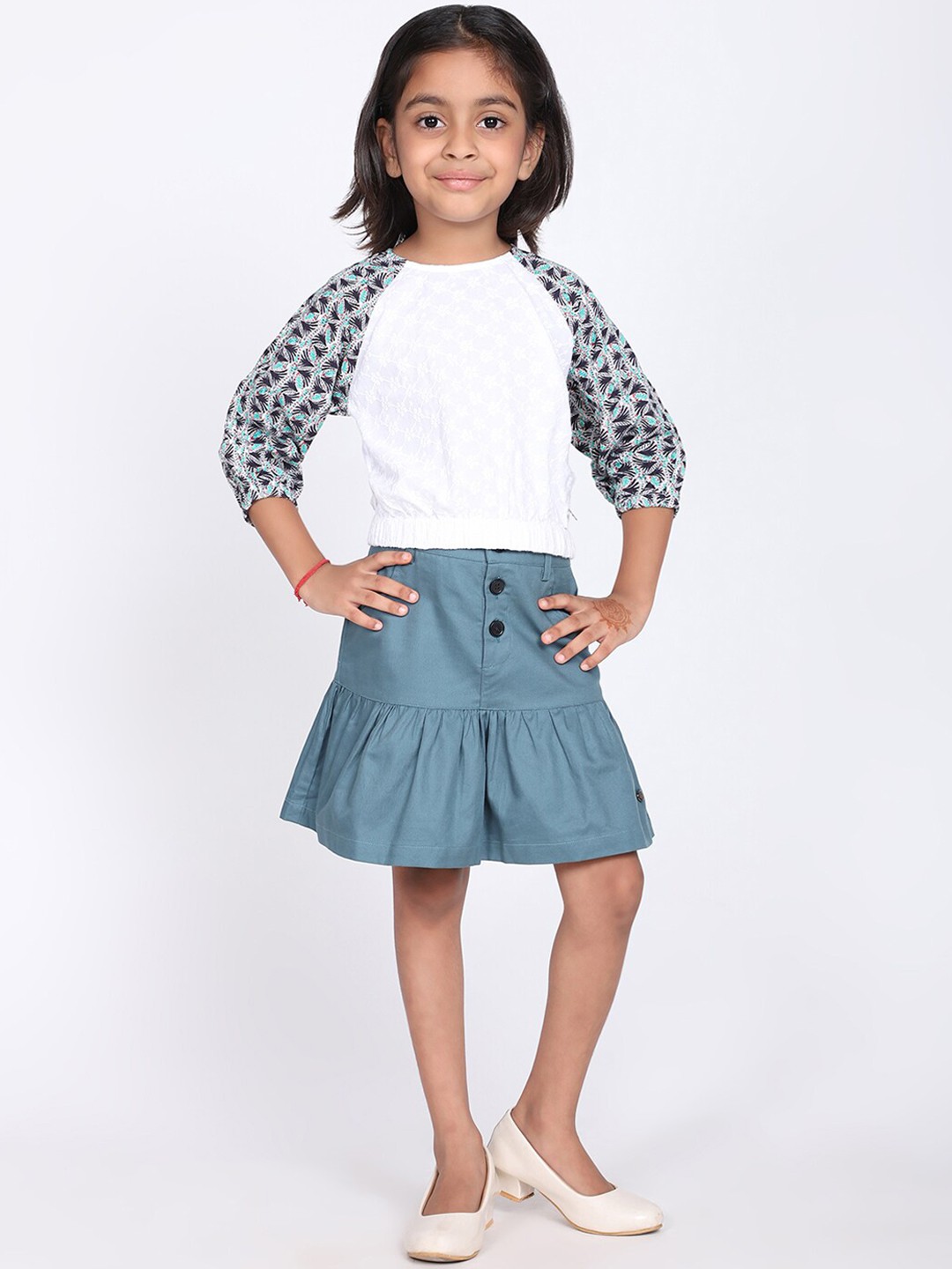 

White Dahlia Girls Printed Pure Cotton Top with Skirt