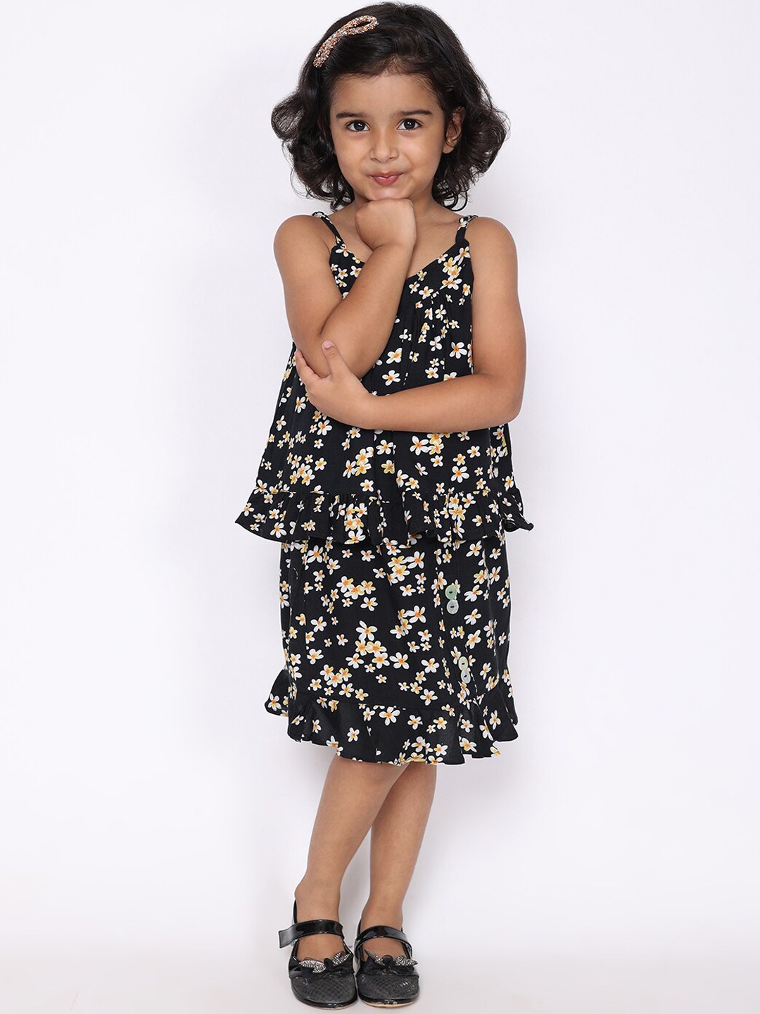 

White Dahlia Girls Printed Pure Cotton Top with Skirt, Black