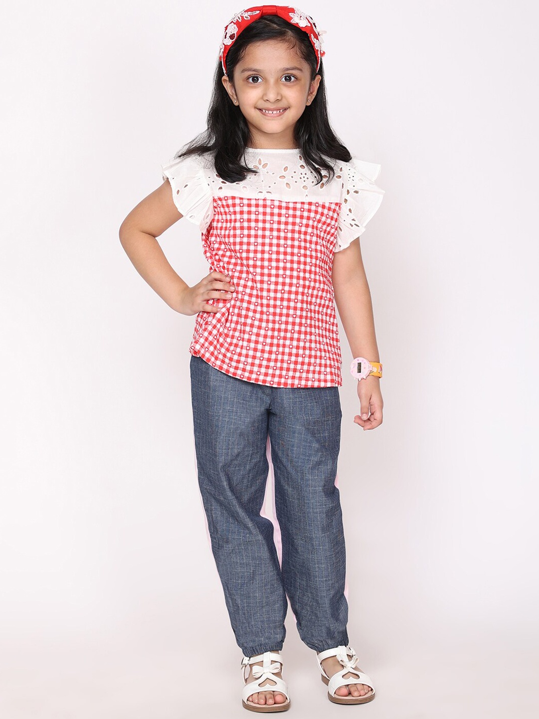 

White Dahlia Girls Checked Pure Cotton Boat Neck Top with Trousers Clothing Set, Red