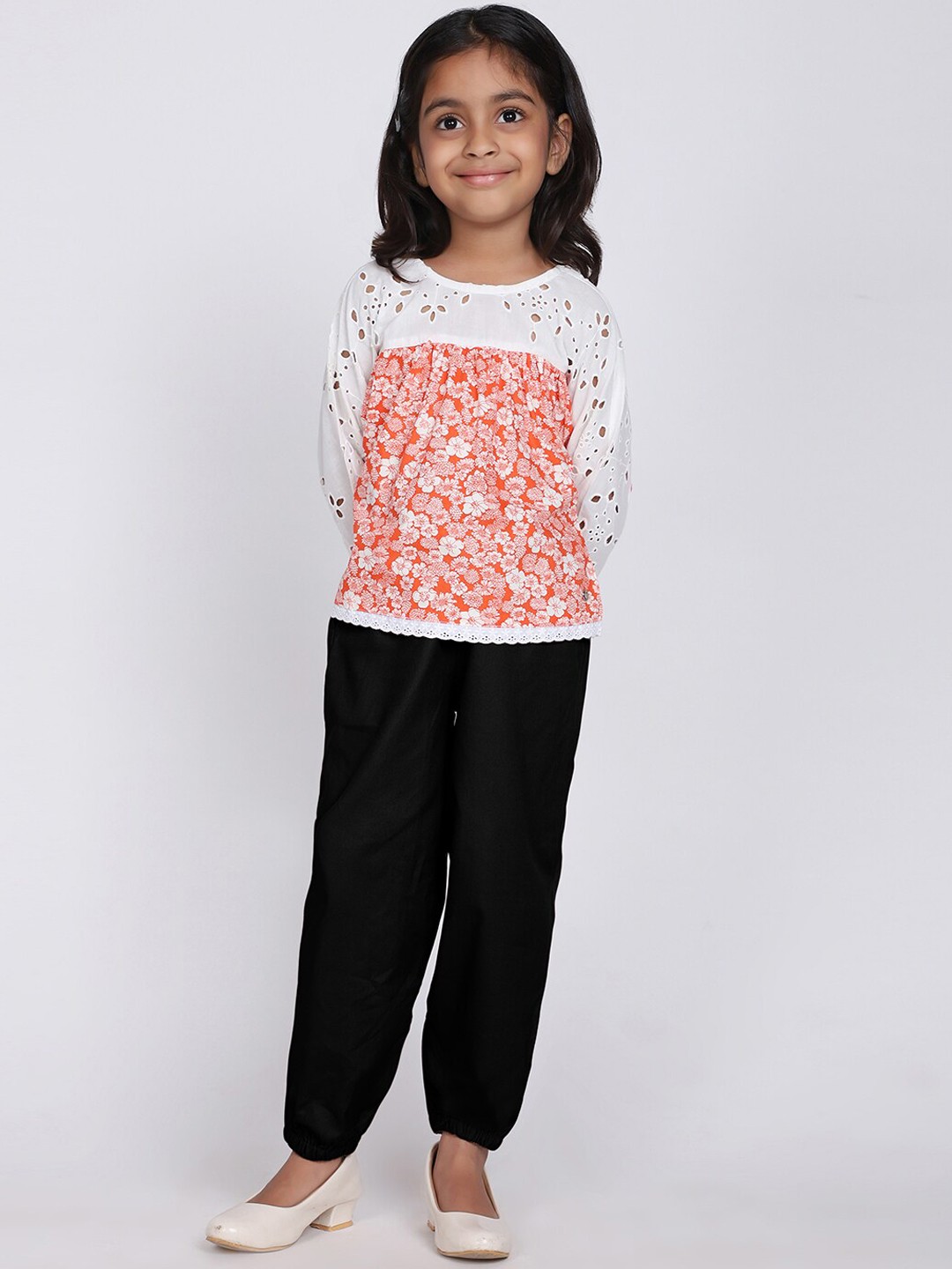 

White Dahlia Girls Printed Pure Cotton Top with Trousers, Orange