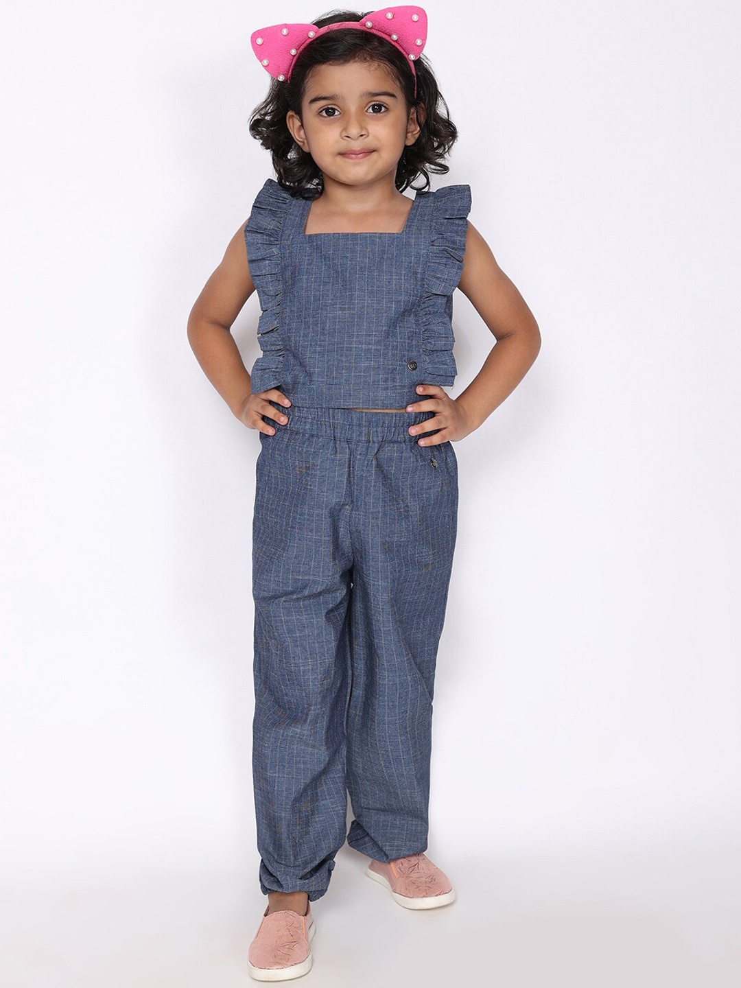 

White Dahlia Girls Checked Pure Cotton Top with Trousers, Blue