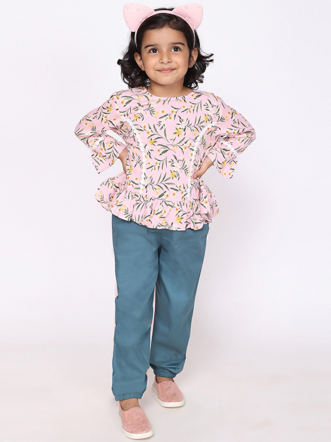 

White Dahlia Girls Printed Pure Cotton Top with Trousers, Pink