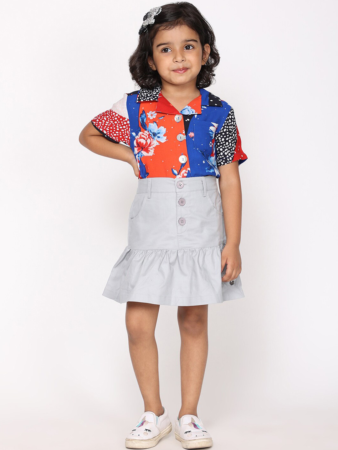 

White Dahlia Girls Printed Pure Cotton Shirt with Skirt, Orange