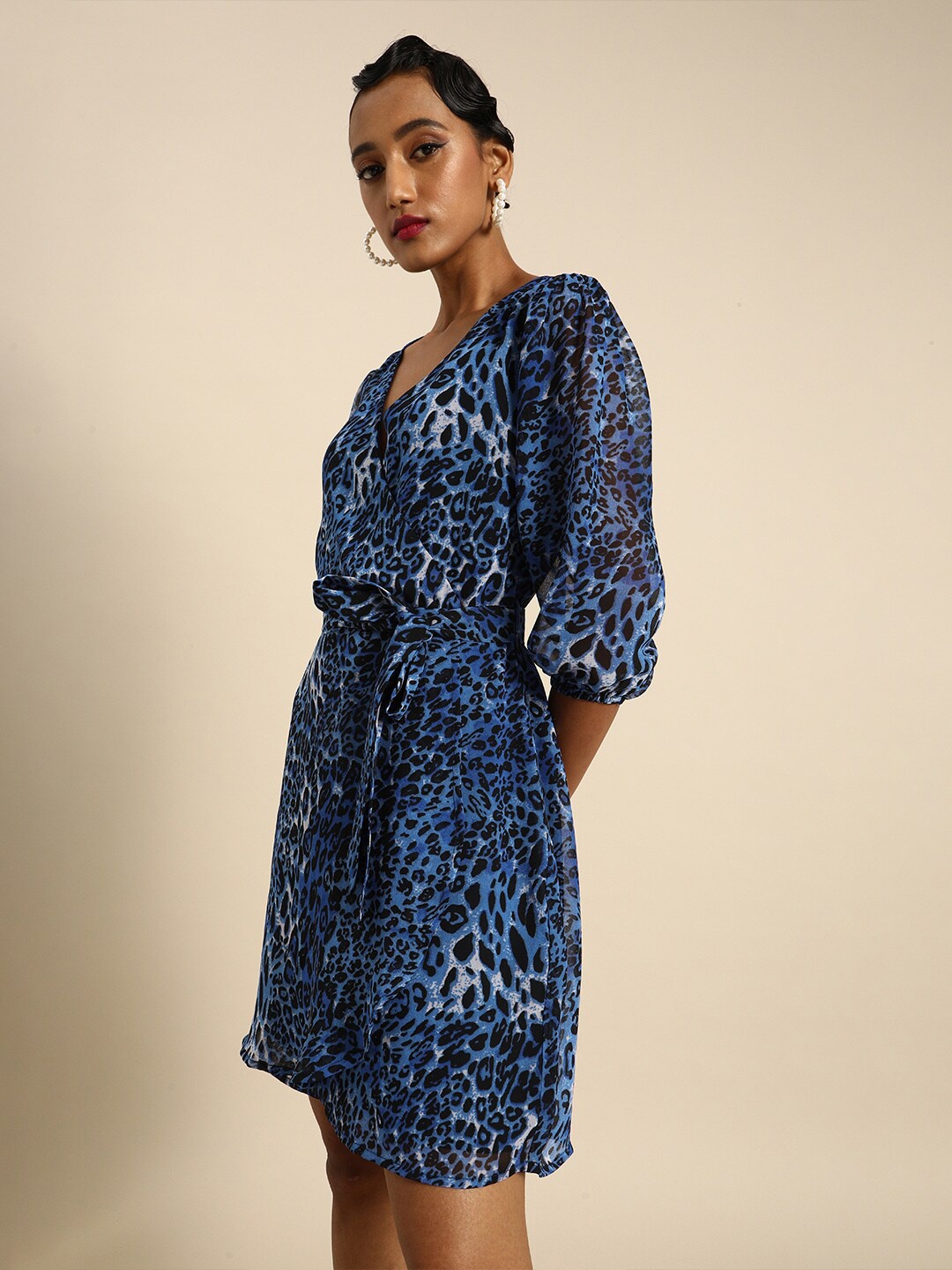 

DODO & MOA Animal Georgette Tie-Up A-Line Dress, Blue