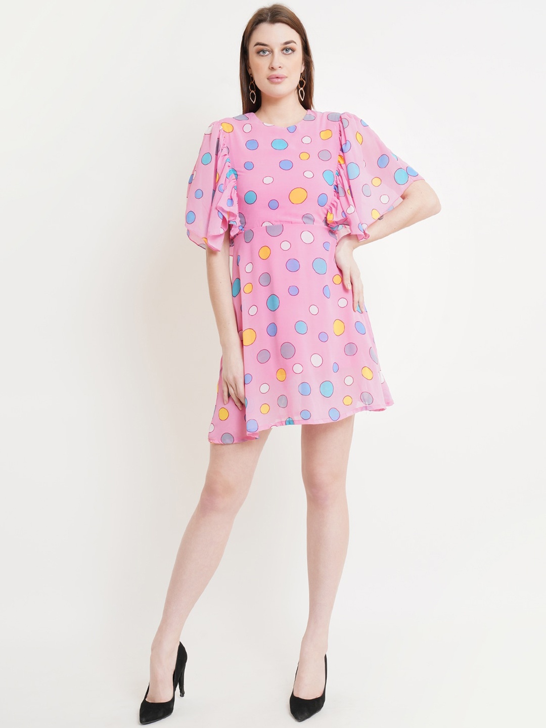 

DODO & MOA Flutter Sleeves Polka Dots Printed Georgette Dress, Pink