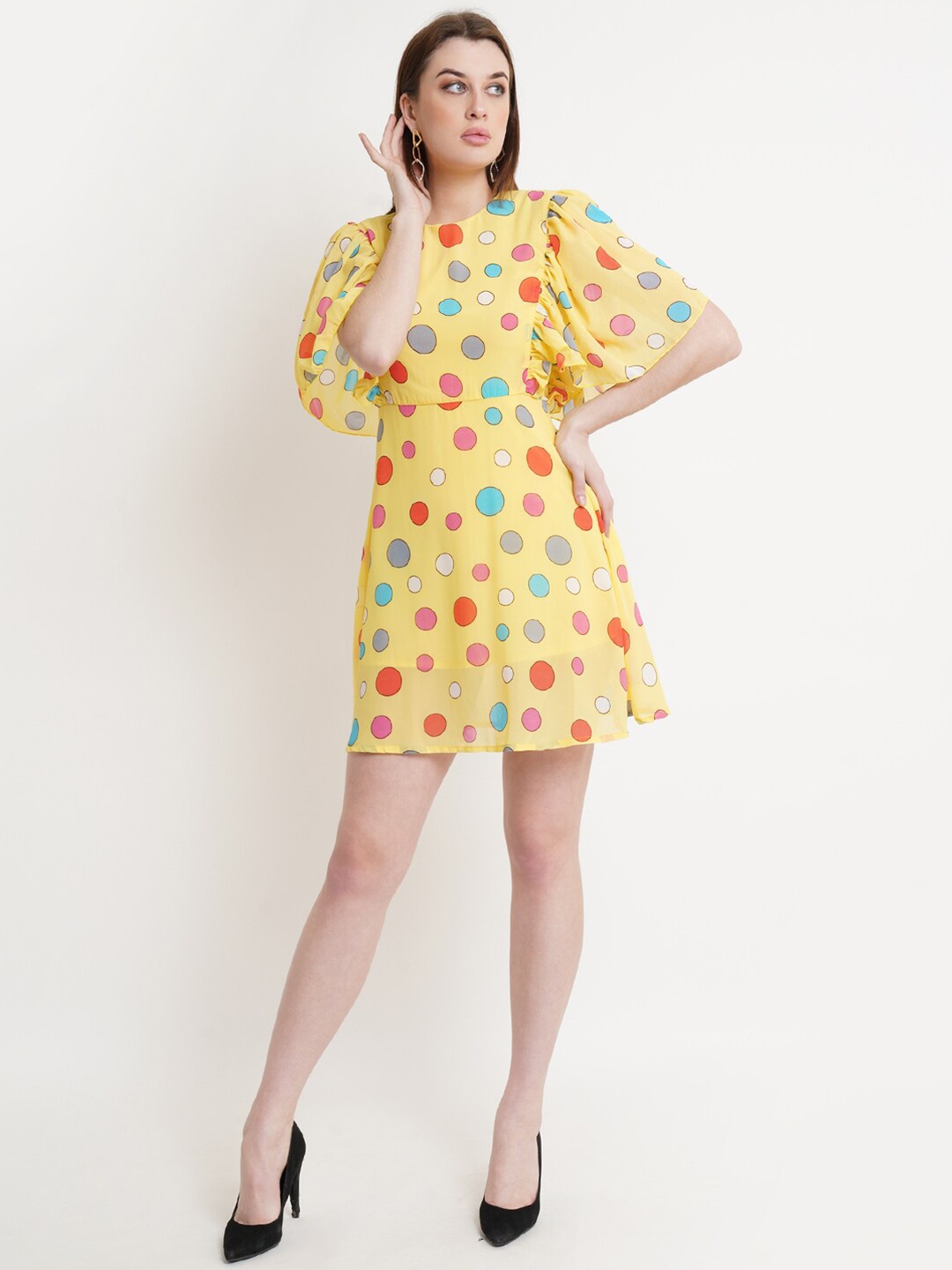 

DODO & MOA Polka Dots Printed Georgette Dress, Yellow