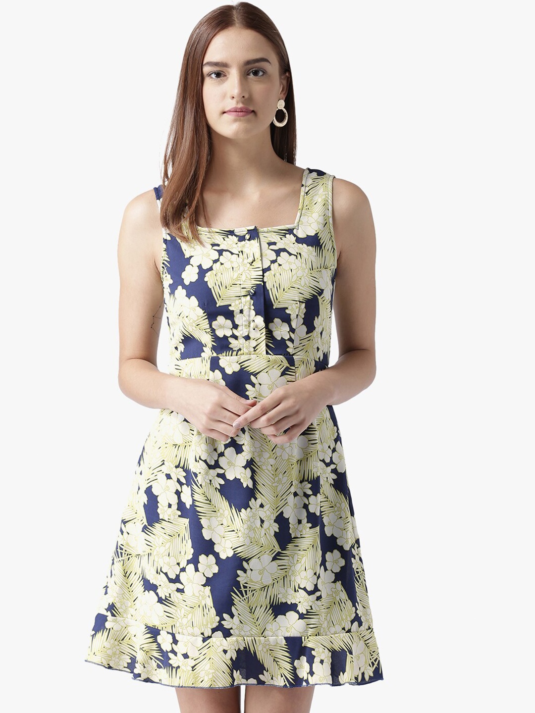 

DODO & MOA Square Neck Floral Printed A-Line Dress, Blue