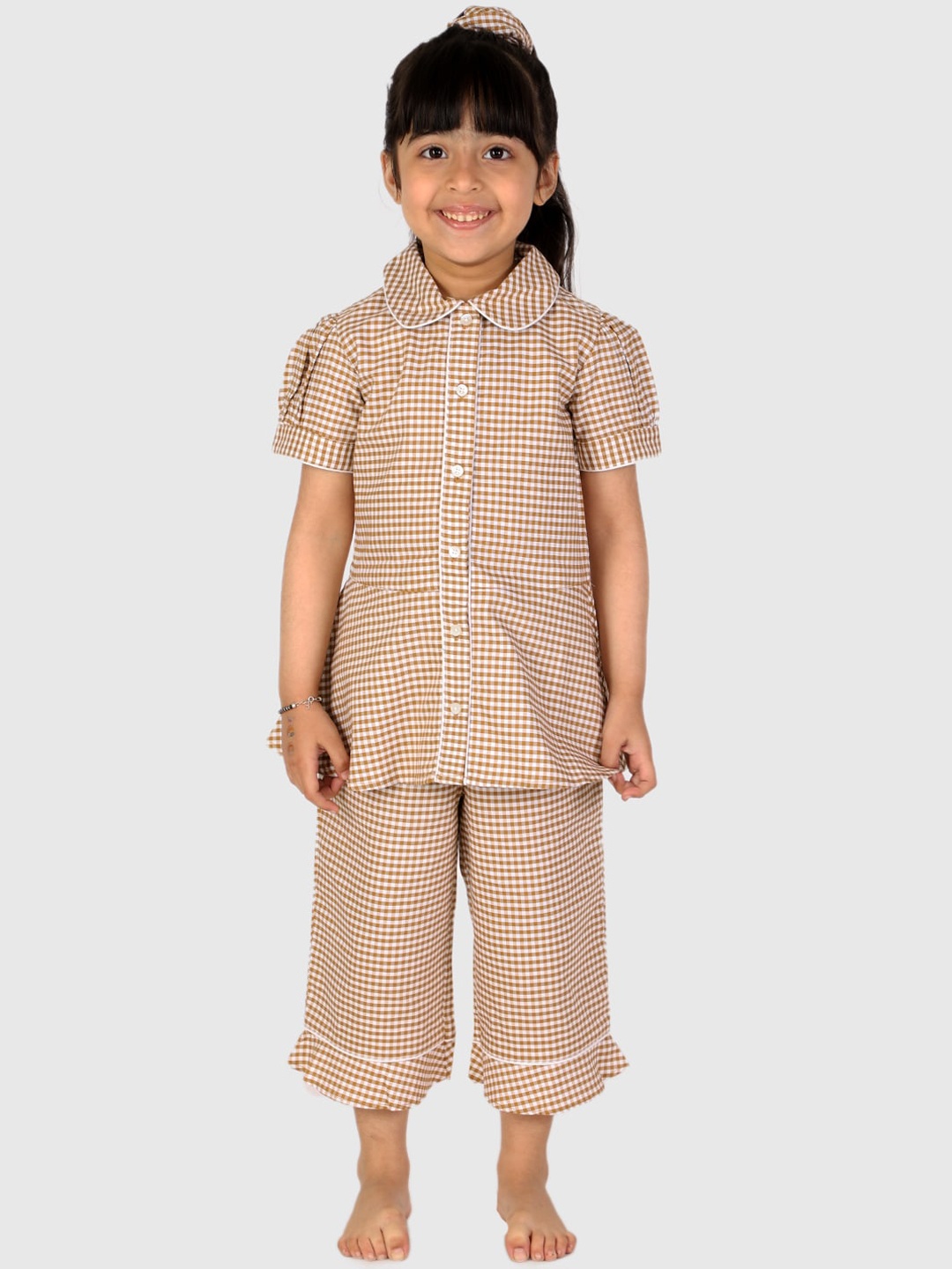

White Dahlia Girls Checks Pure Cotton Night Suit, Brown