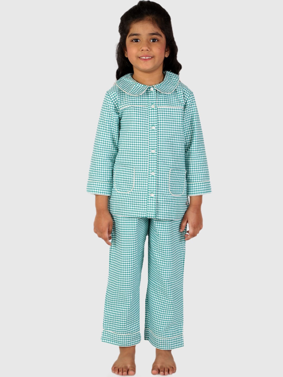 

White Dahlia Girls Checks Pure Cotton Night Suit, Green