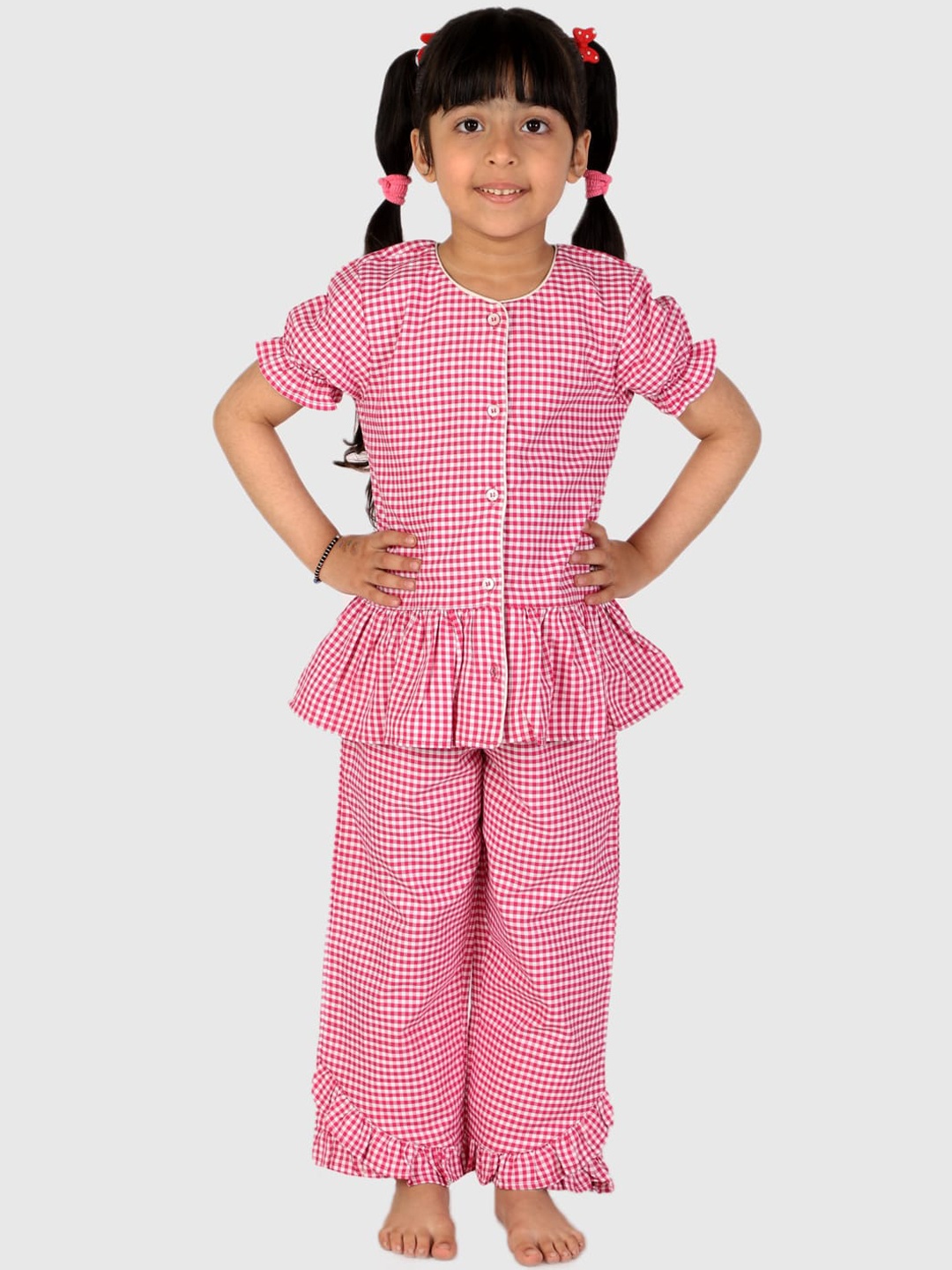

White Dahlia Girls Checks Pure Cotton Night Suit, Pink