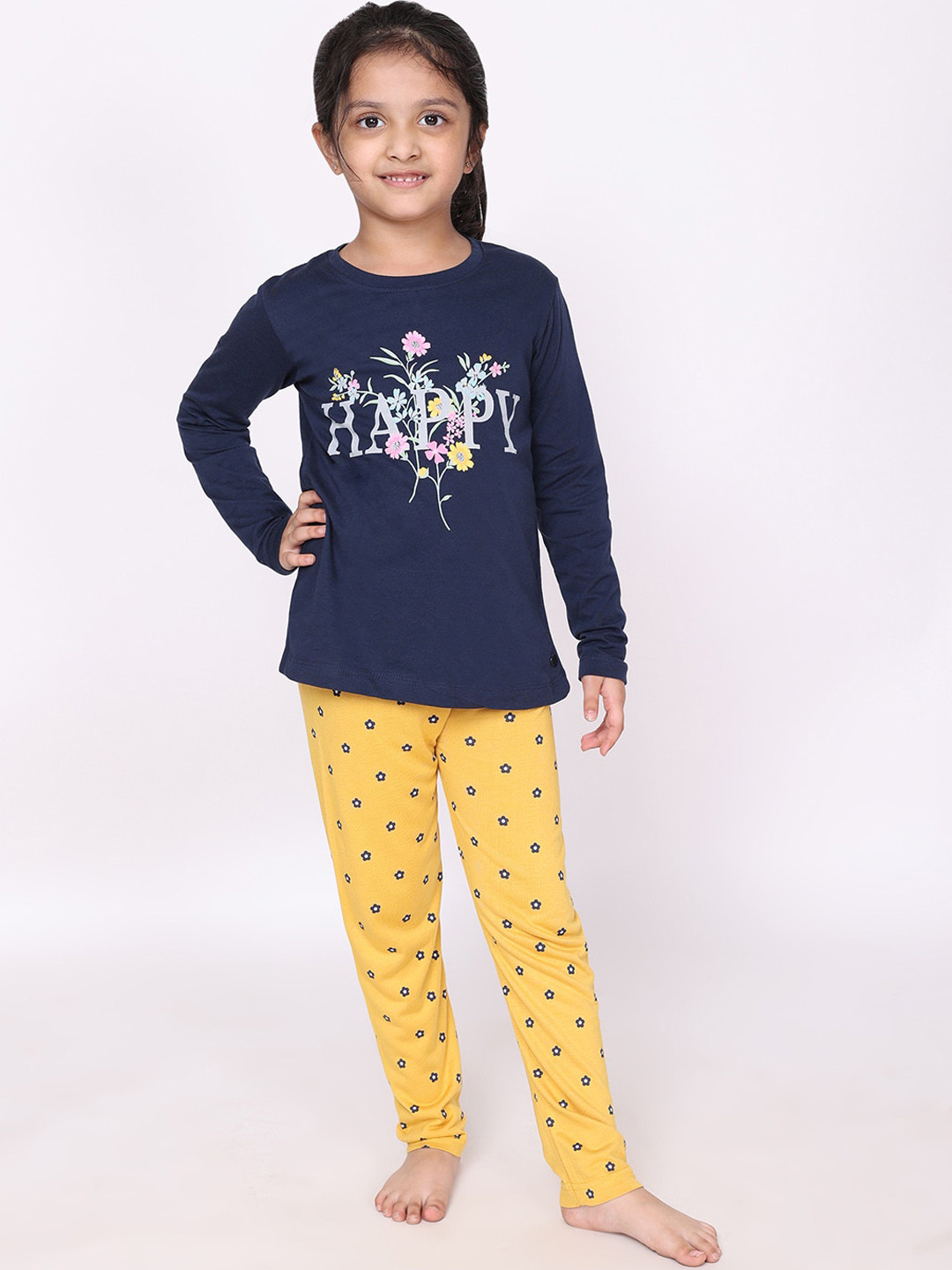 

White Dahlia Girls Floral Printed Pure Cotton Night Suit, Navy blue