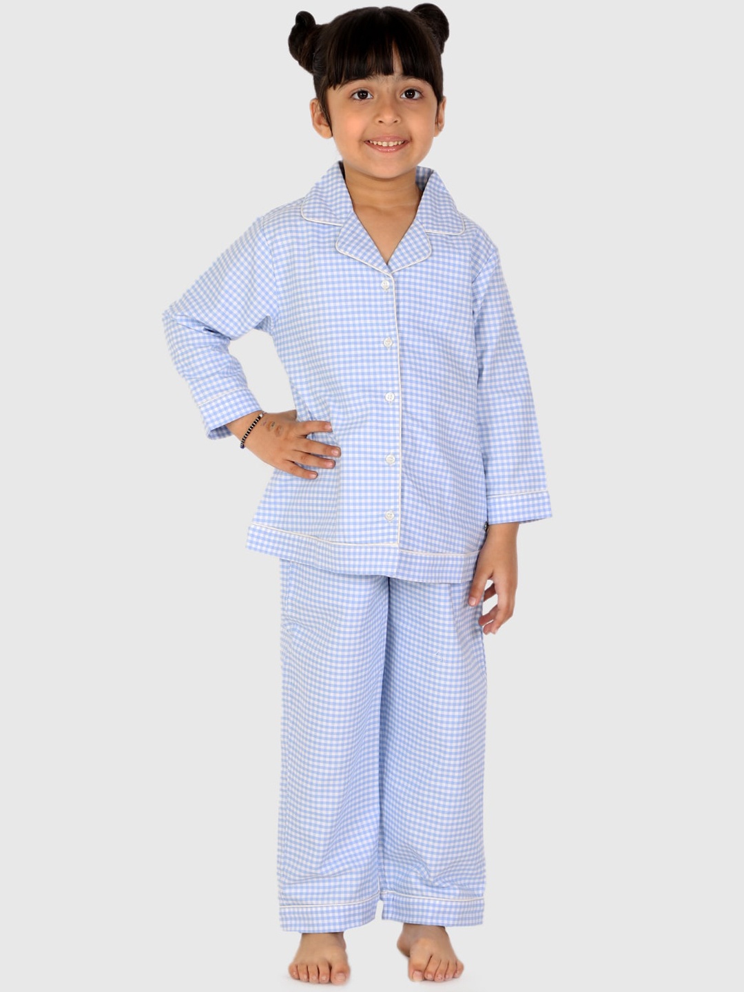 

White Dahlia Girls Checks Pure Cotton Night Suit, Blue