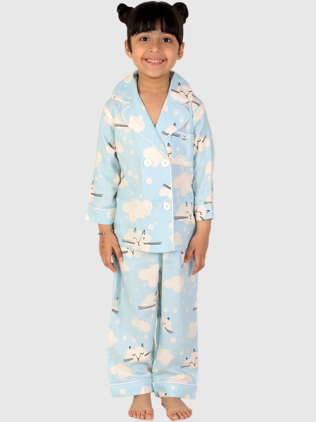 

White Dahlia Girls Conversational Printed Pure Cotton Night Suit, Blue