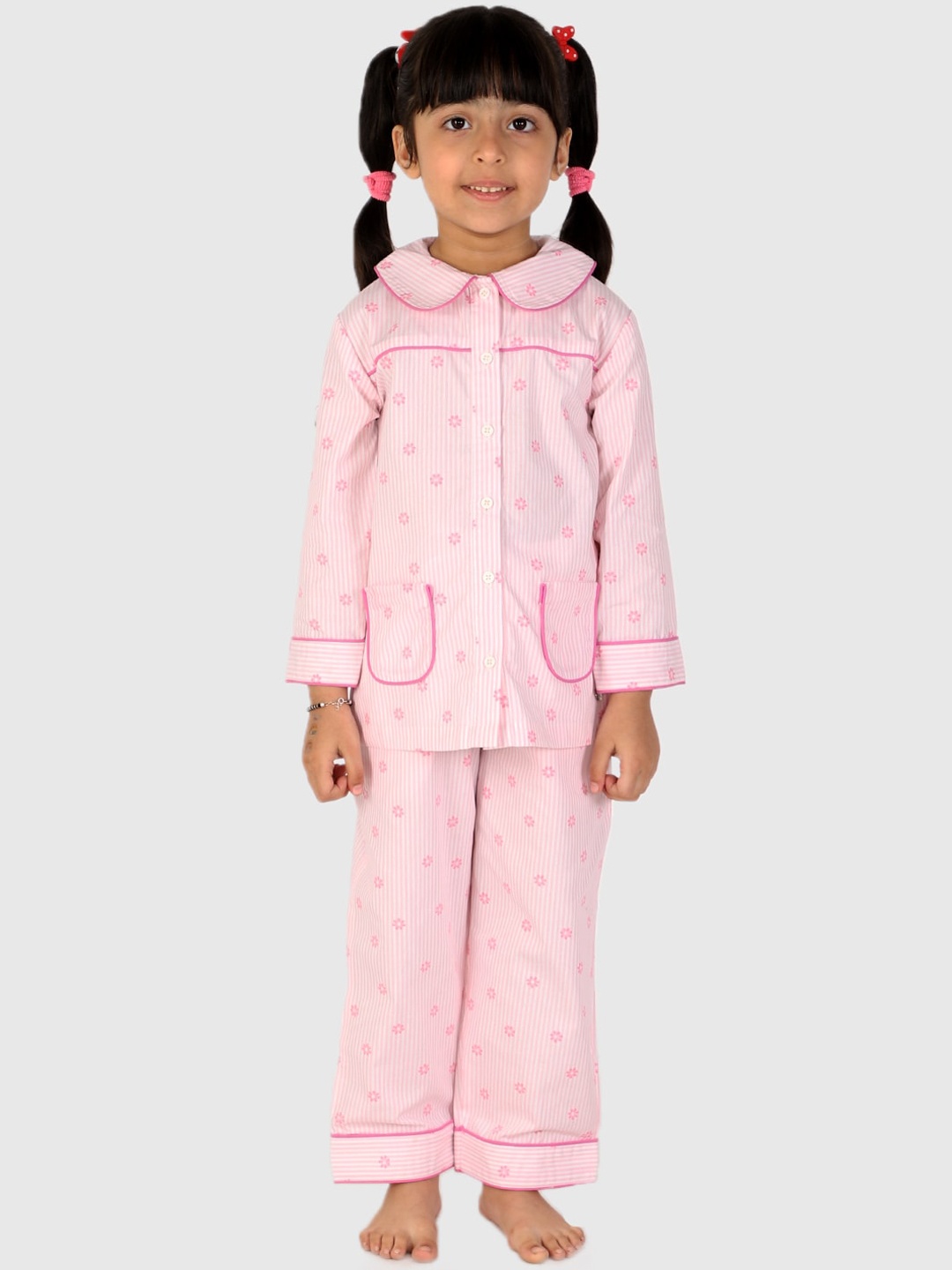 

White Dahlia Girls Floral Printed Pure Cotton Night Suit, Pink