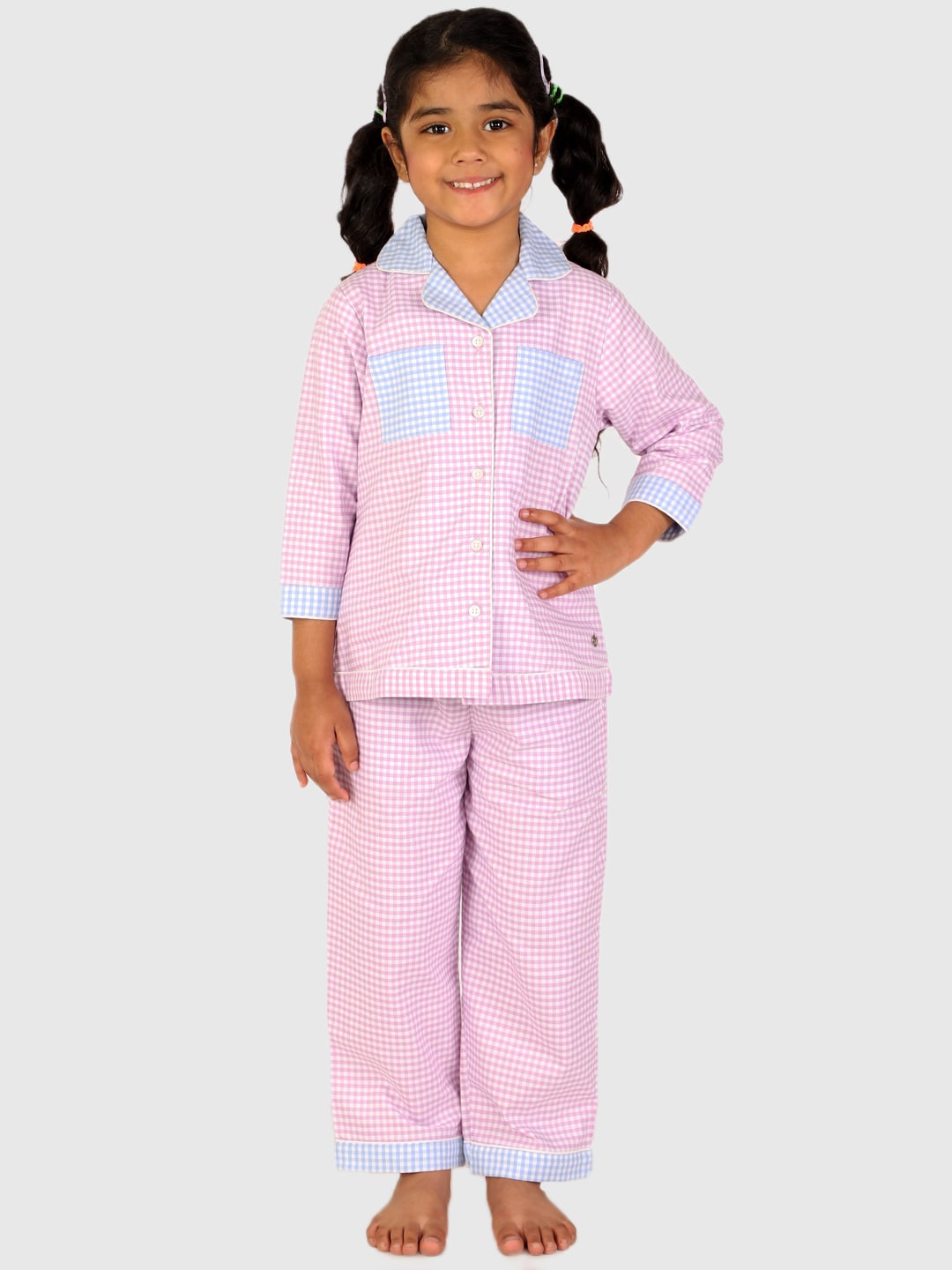 

White Dahlia Girls Checks Pure Cotton Night Suit, Purple