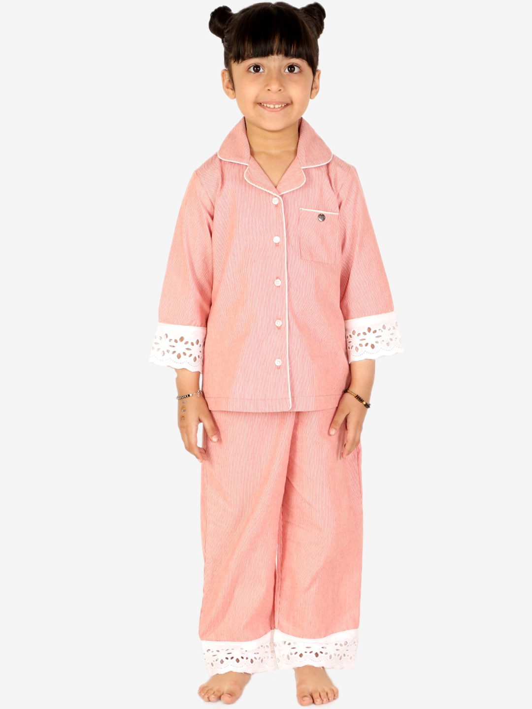 

White Dahlia Girls Striped Pure Cotton Night Suit, Peach